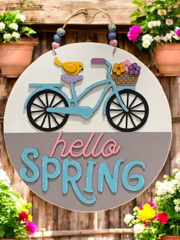Hello Spring Bicycle Sign β Handmade 3D Wooden Door Hanger for Seasonal Home Decor