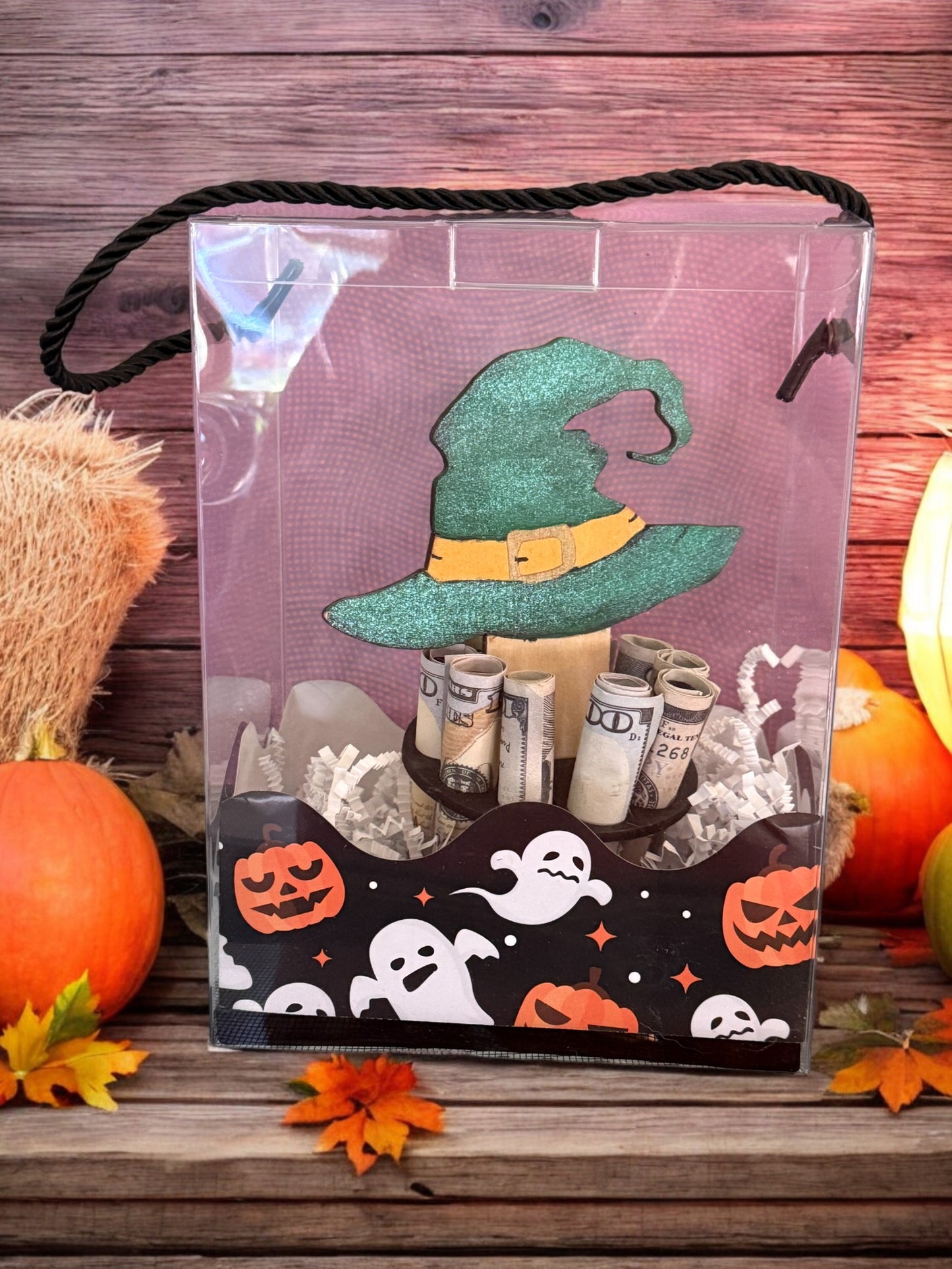 Halloween Money Gift – Pumpkin, Witch Hat, or Ghost Wooden Money Tree – Handmade Cash Holder with Gift Box – Free Shipping