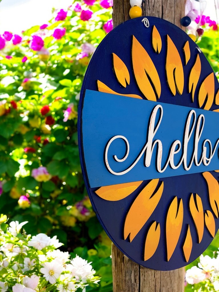 Sunflower Hello Sign β Rustic Summer Door Decor β Farmhouse Welcome Sign for Front Porch