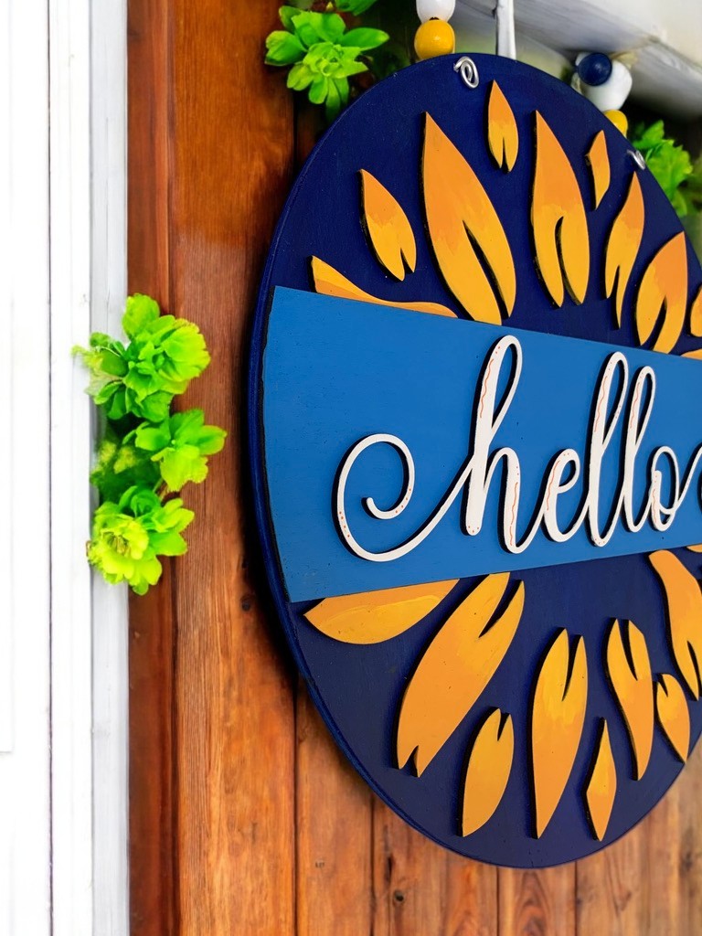 Sunflower Hello Sign β Rustic Summer Door Decor β Farmhouse Welcome Sign for Front Porch