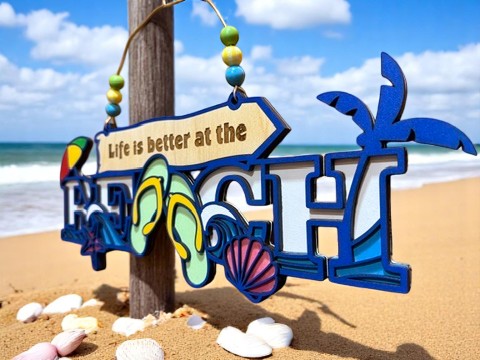 Life Is Better at the Beach Wooden Sign β Coastal Summer Decor with Flip Flops, Shells & Palm Tree