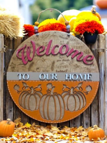 Welcome to Our Home Fall Sign – Pumpkin Door Hanger with Engraved Autumn Icons – Blue or Berry Color Options