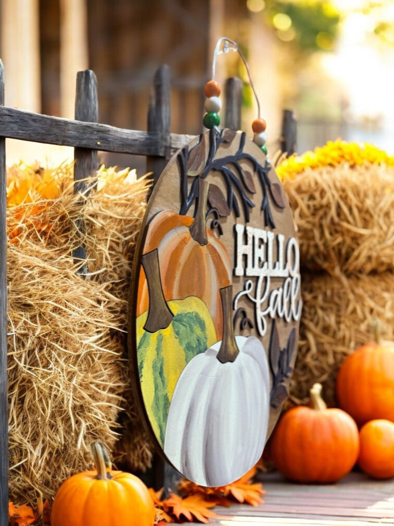 Hello Fall Wooden Sign – Rustic Pumpkin Fall Door Hanger – Handmade Farmhouse Autumn Porch Decor
