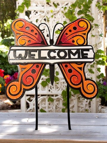Butterfly Welcome Sign – Handcrafted Wooden Door Hanger with Bright Orange Wings for Spring & Summer Decor