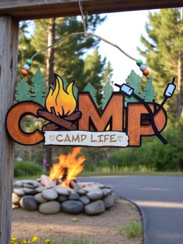 Rustic Wooden Camp Life Sign – S’mores, Trees & Firepit Decor for Cabin or Camper Door