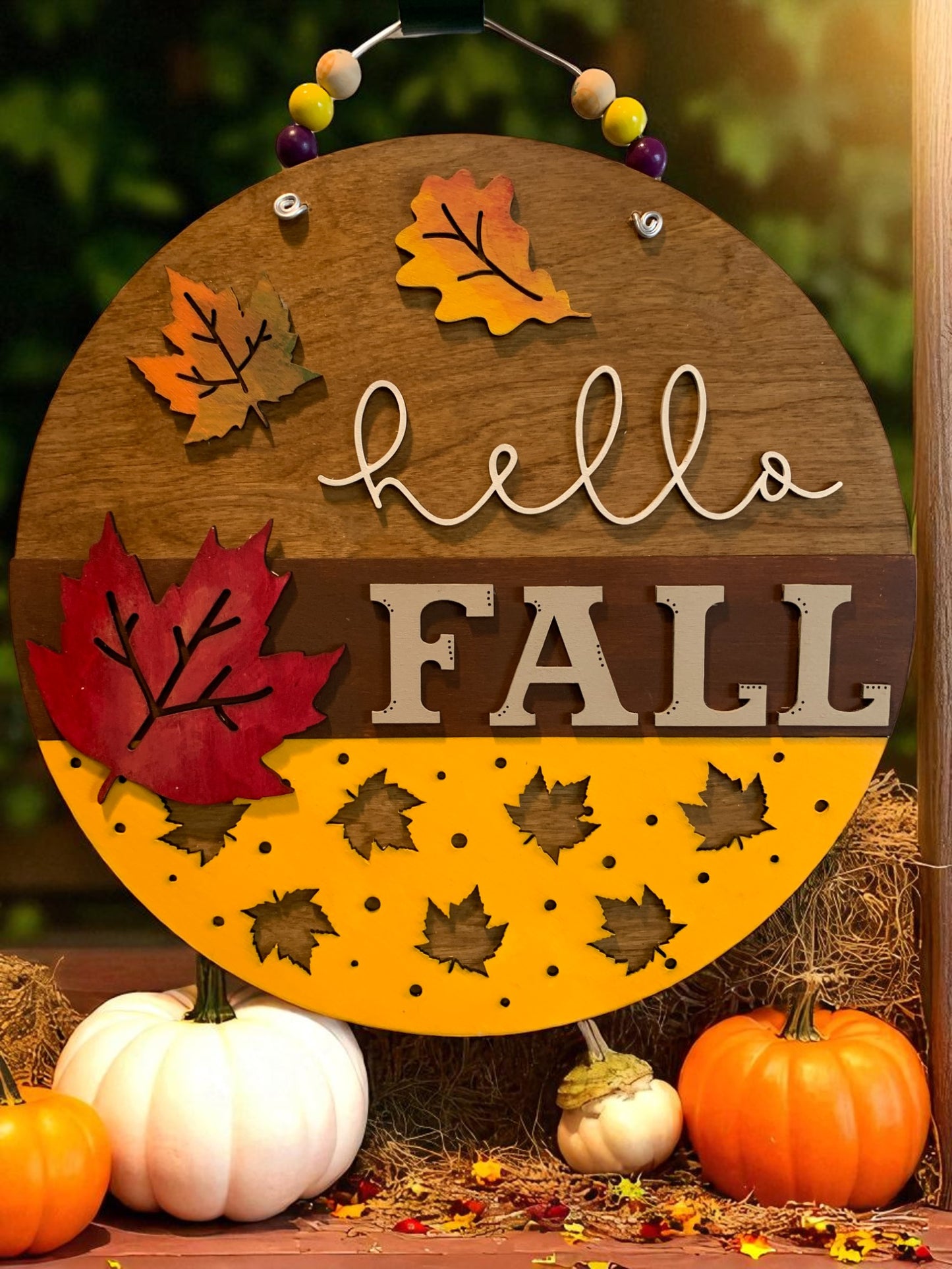 Hello Fall Wooden Door Hanger – Rustic Autumn Front Porch Sign with Colorful Leaves