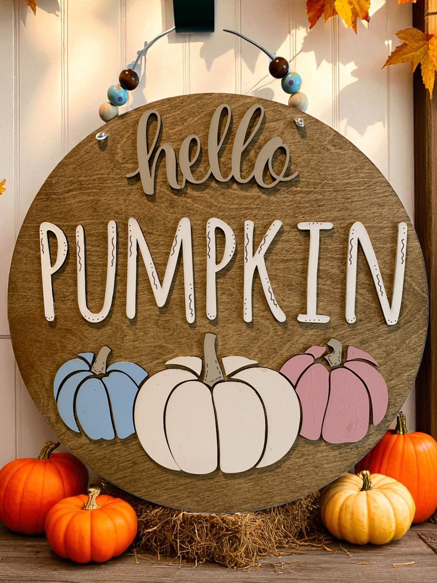 Hello Pumpkin Fall Door Hanger – Rustic Farmhouse Autumn Porch Sign with Pastel Pumpkins