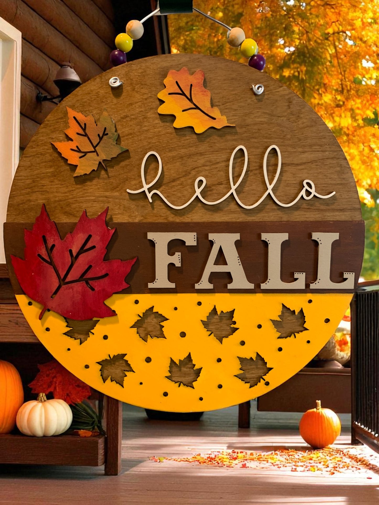Hello Fall Wooden Door Hanger – Rustic Autumn Front Porch Sign with Colorful Leaves