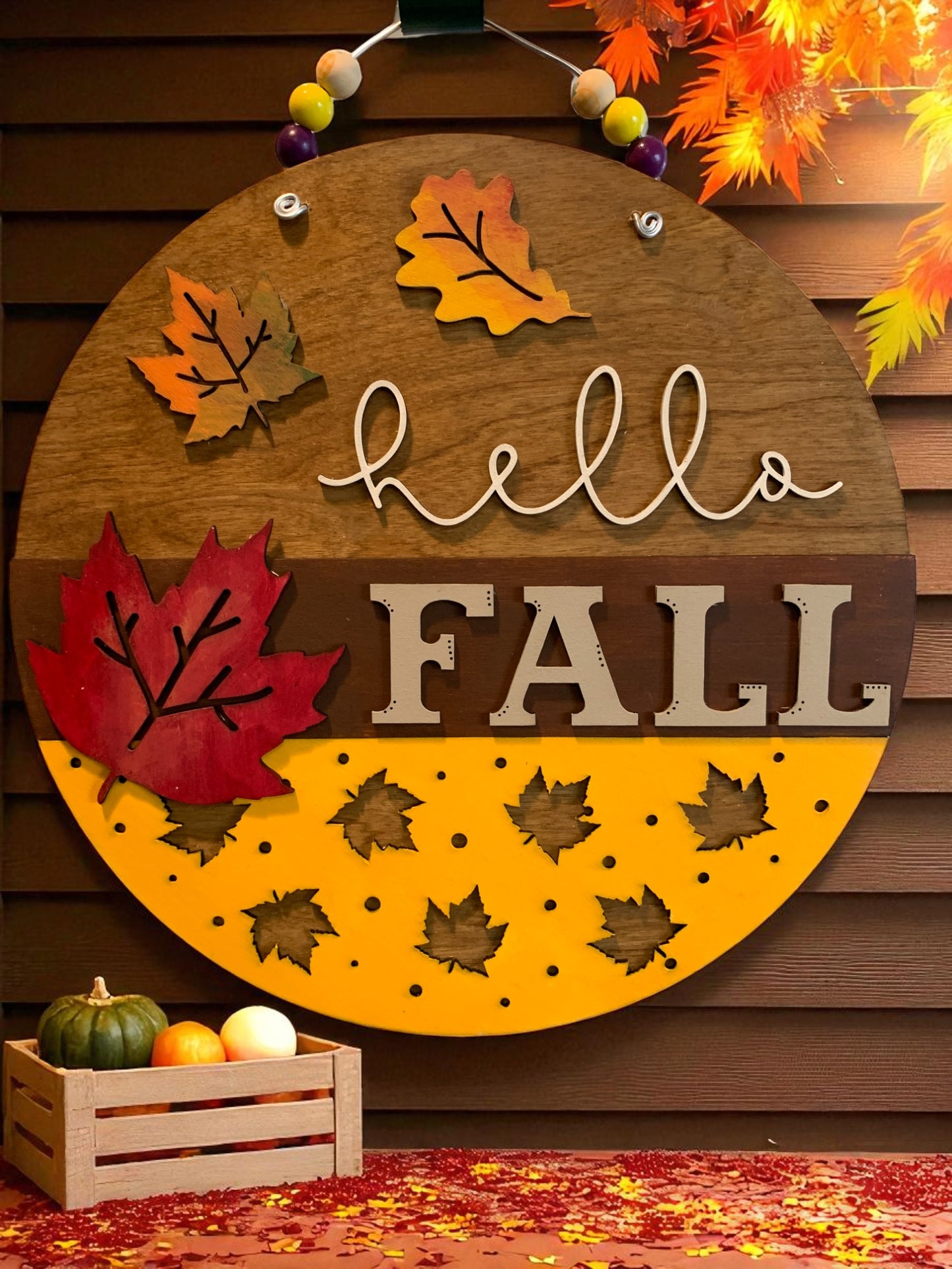 Hello Fall Wooden Door Hanger – Rustic Autumn Front Porch Sign with Colorful Leaves