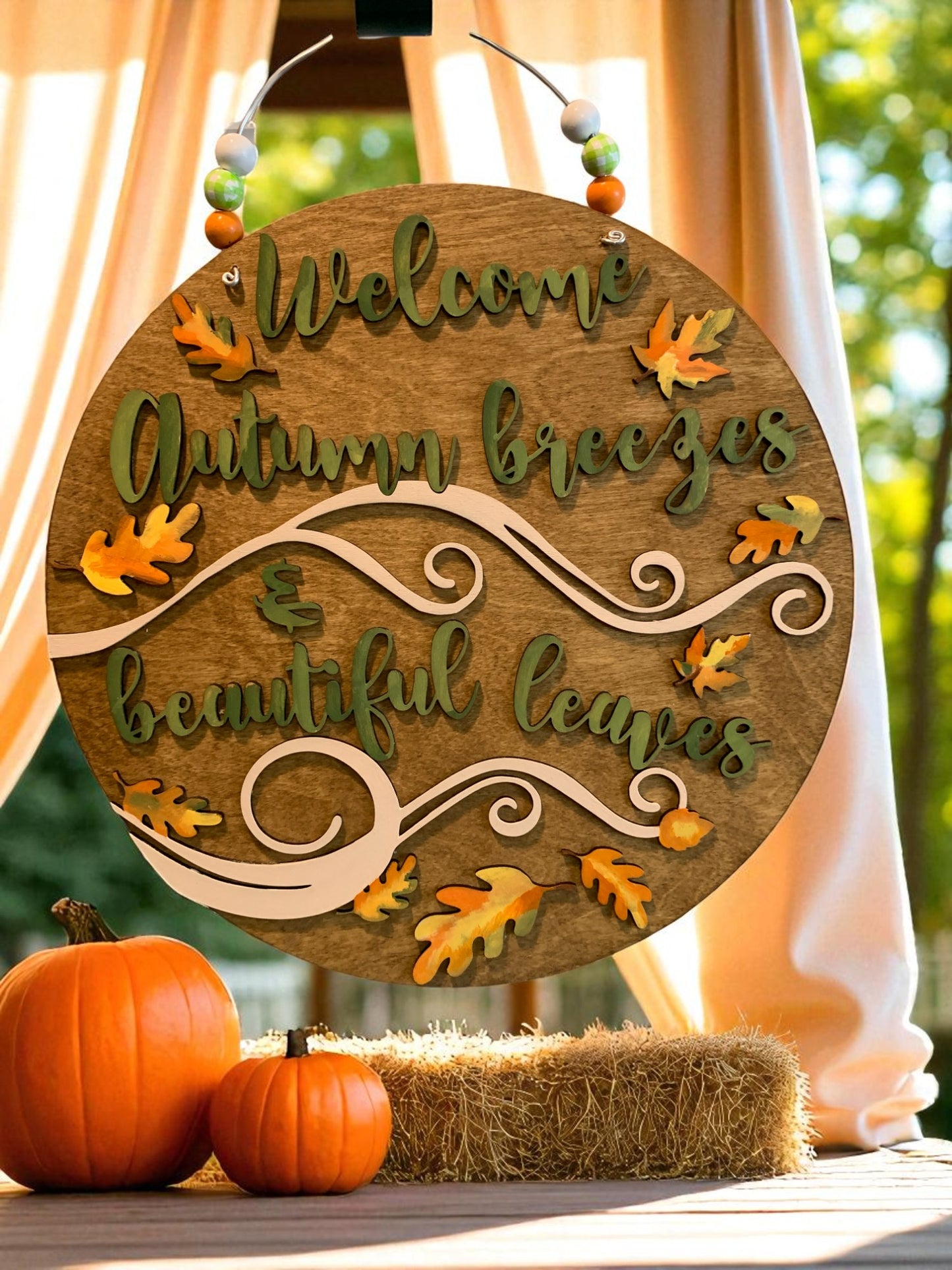 Welcome Autumn Breezes Wooden Fall Sign – Handcrafted Leaf Wall Décor – Rustic Seasonal Home Accent