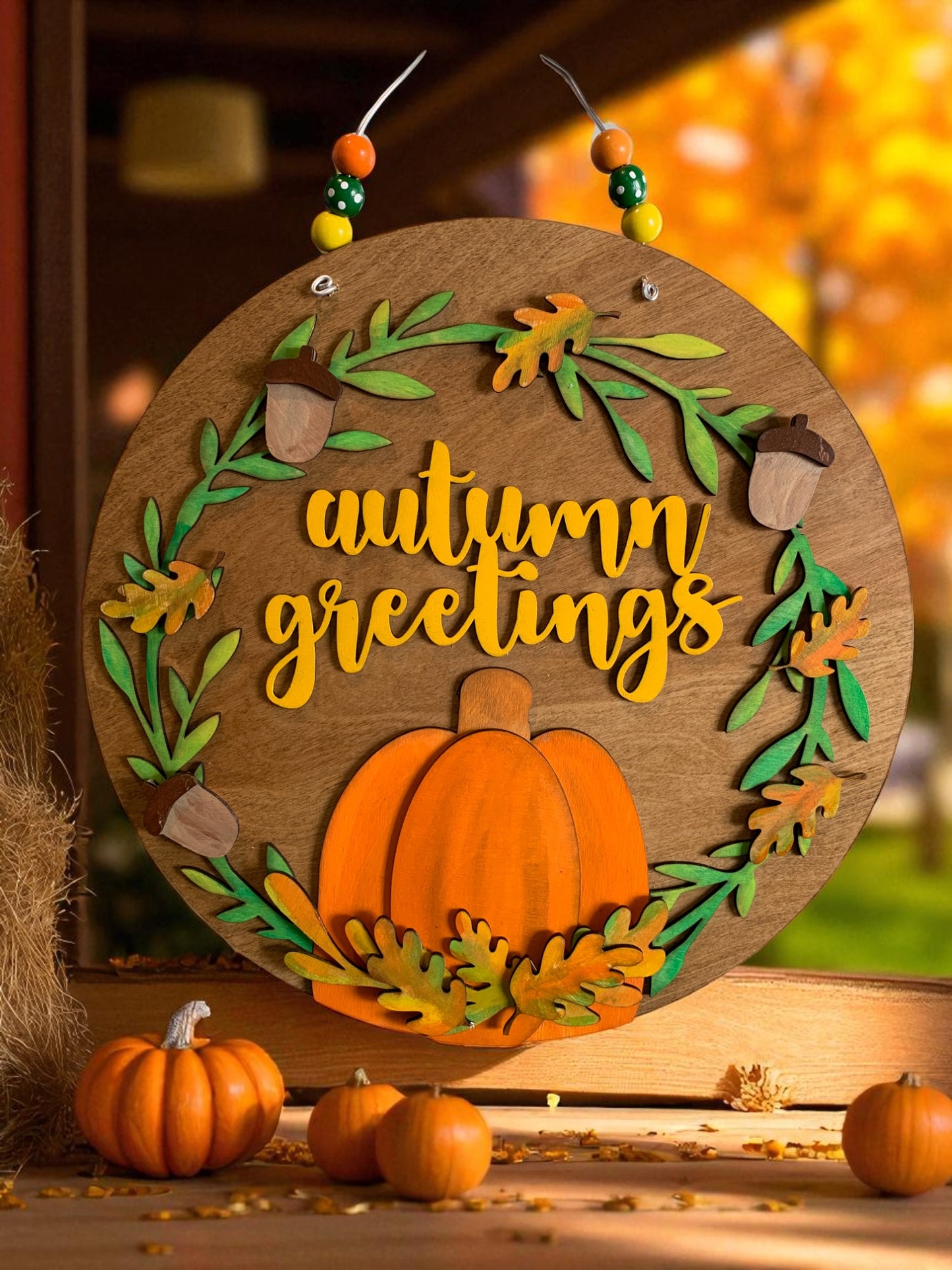 Autumn Greetings Wooden Sign – Rustic Fall Porch & Wall Décor – Handmade Pumpkin & Leaf Accent