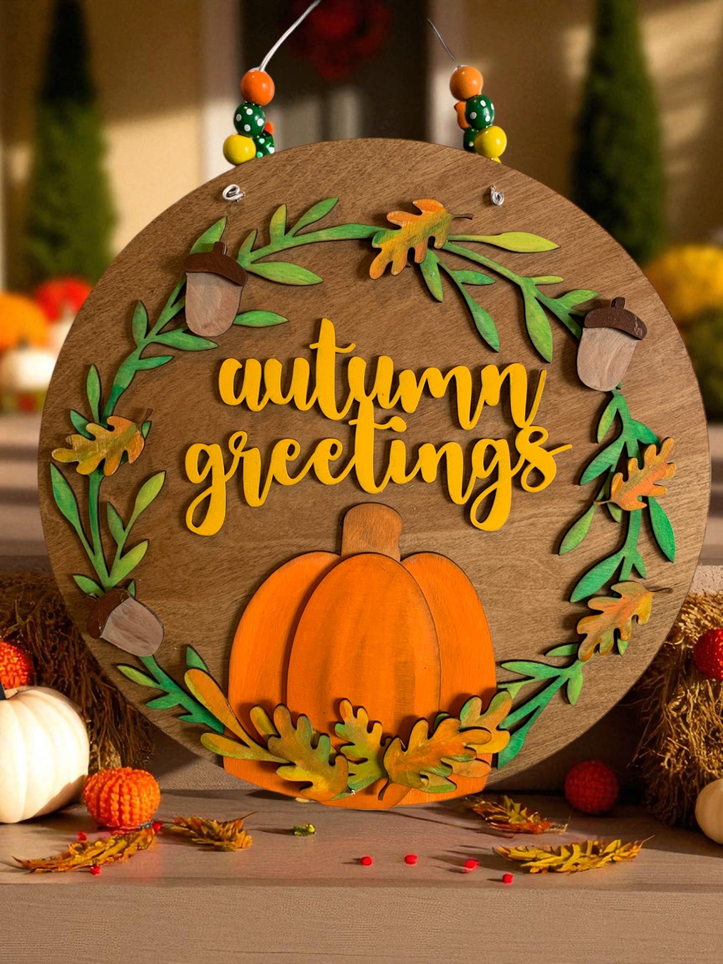Autumn Greetings Wooden Sign – Rustic Fall Porch & Wall Décor – Handmade Pumpkin & Leaf Accent
