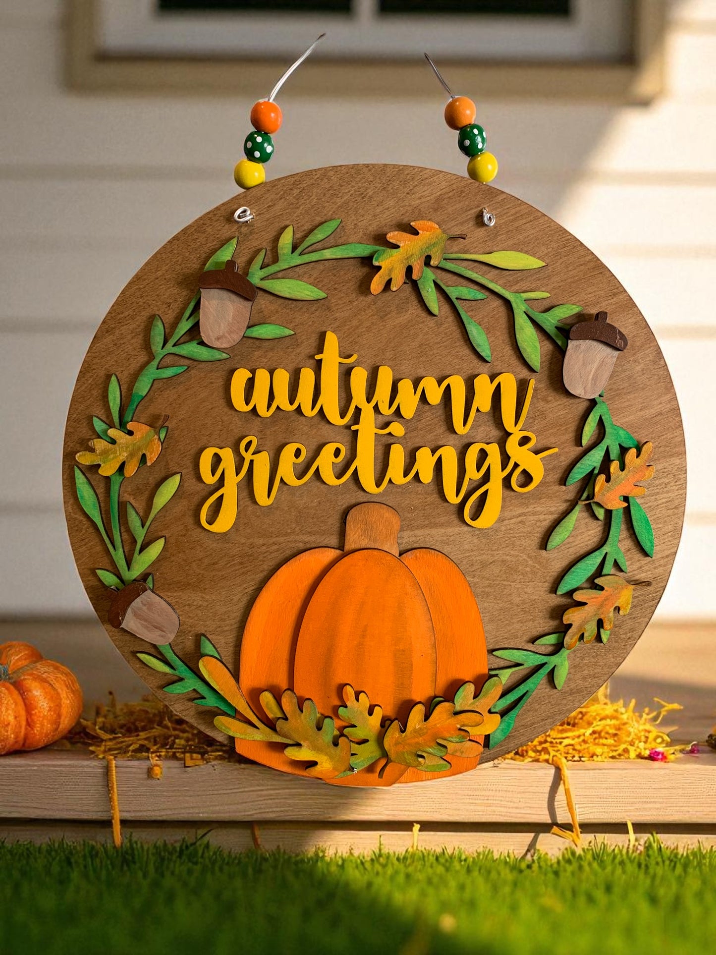 Autumn Greetings Wooden Sign – Rustic Fall Porch & Wall Décor – Handmade Pumpkin & Leaf Accent
