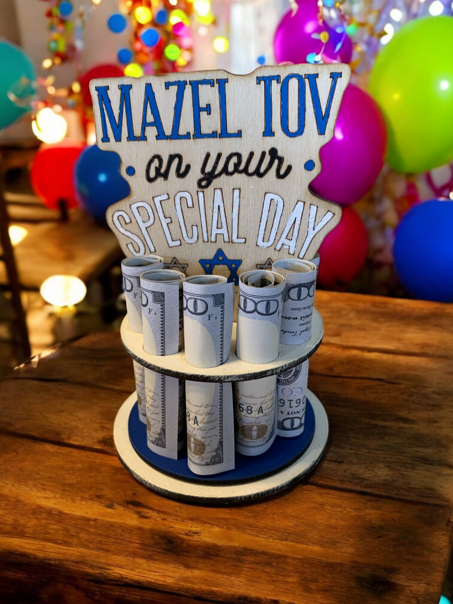 Mazel Tov Money Gift – Handmade Wooden Money Tree for Jewish Celebration