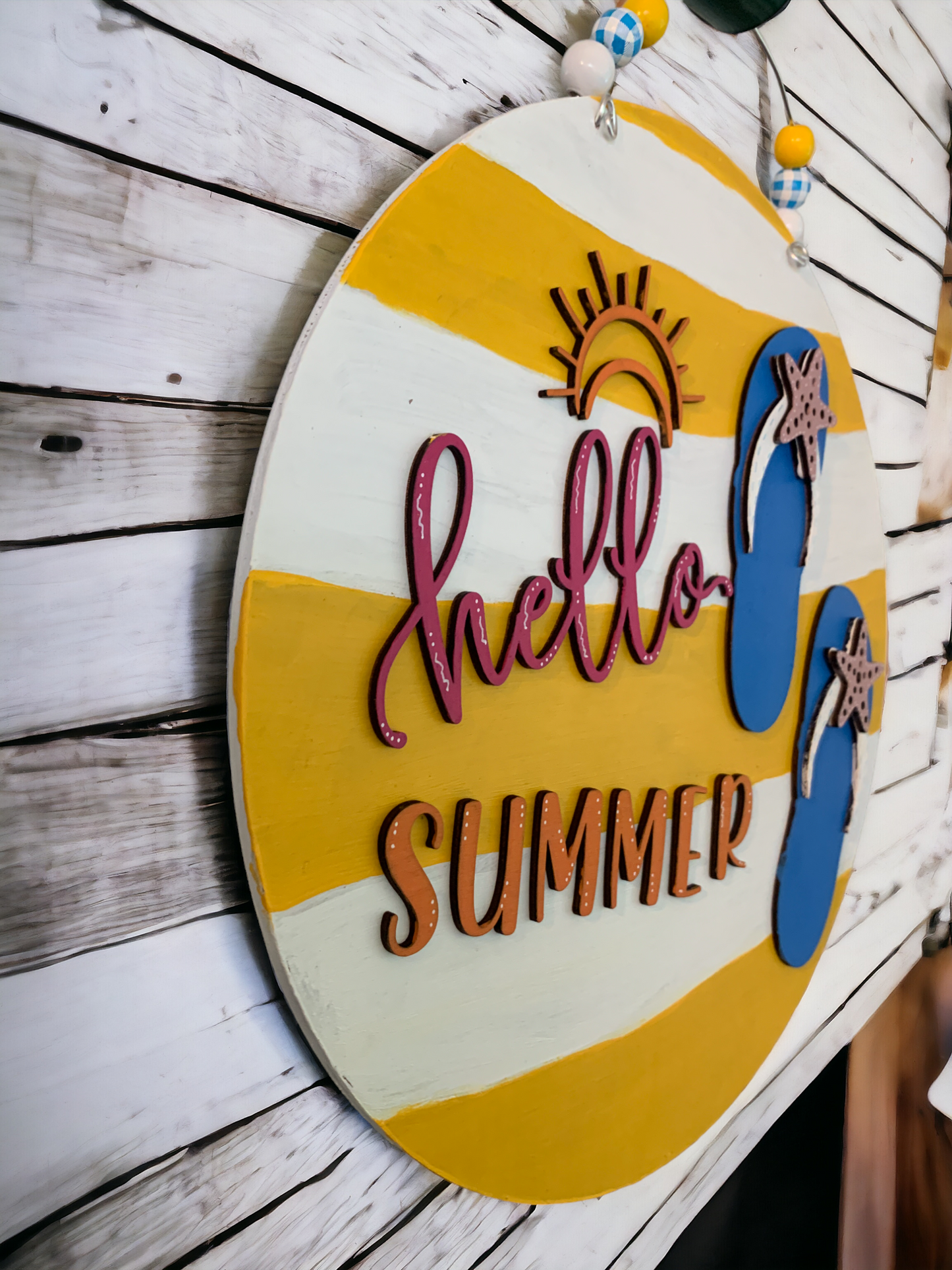 Hello Summer Flip Flop Door Sign – Fun Beach House Welcome Decor – Handmade Summer Front Porch Sign