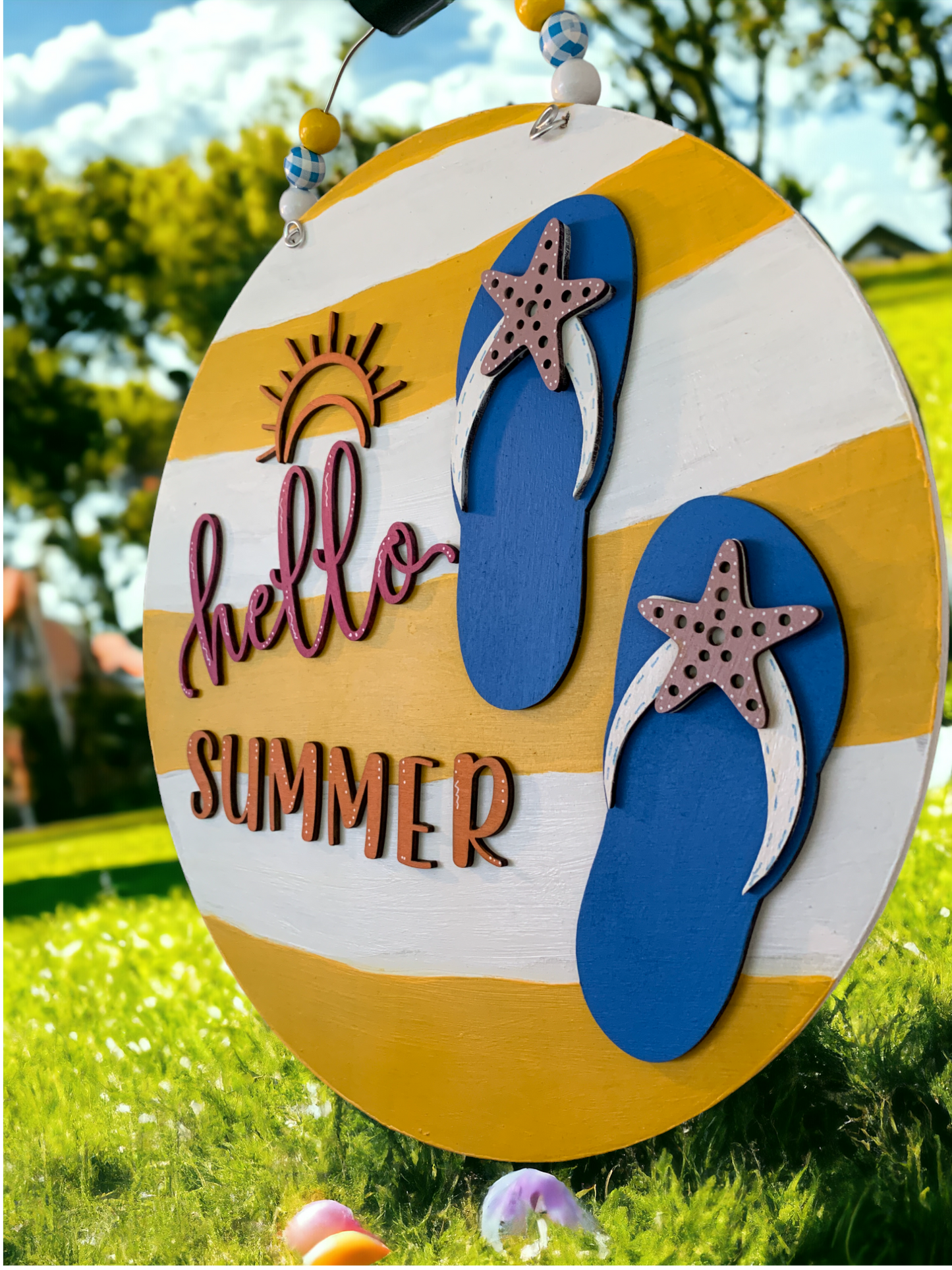 Hello Summer Flip Flop Door Sign – Fun Beach House Welcome Decor – Handmade Summer Front Porch Sign