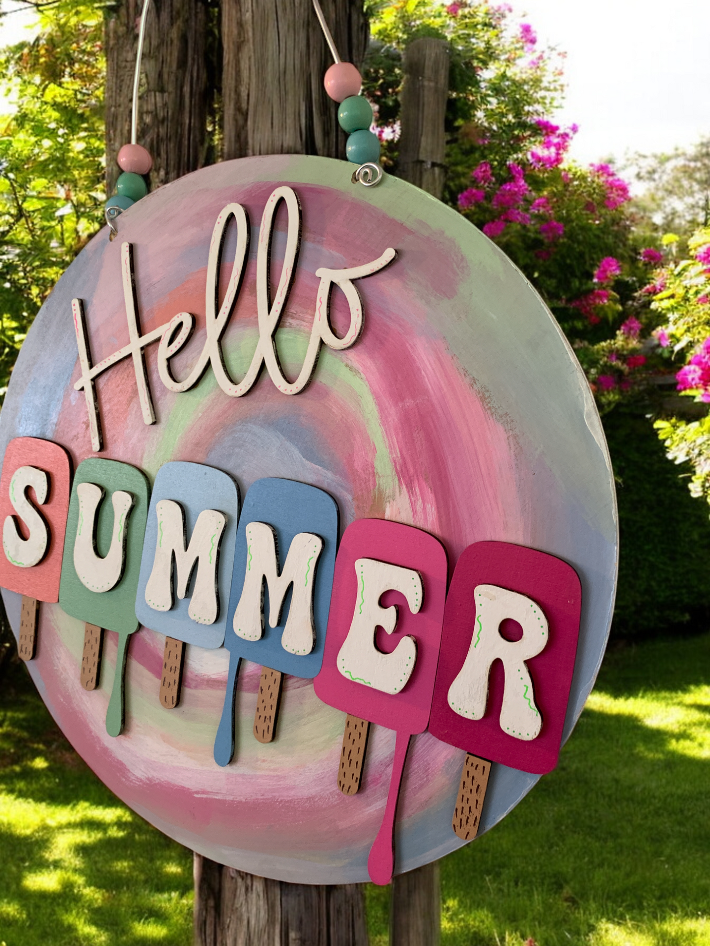 Hello Summer Ice Cream Sign β Colorful Summer Door Hanger β Fun Seasonal Wall Decor