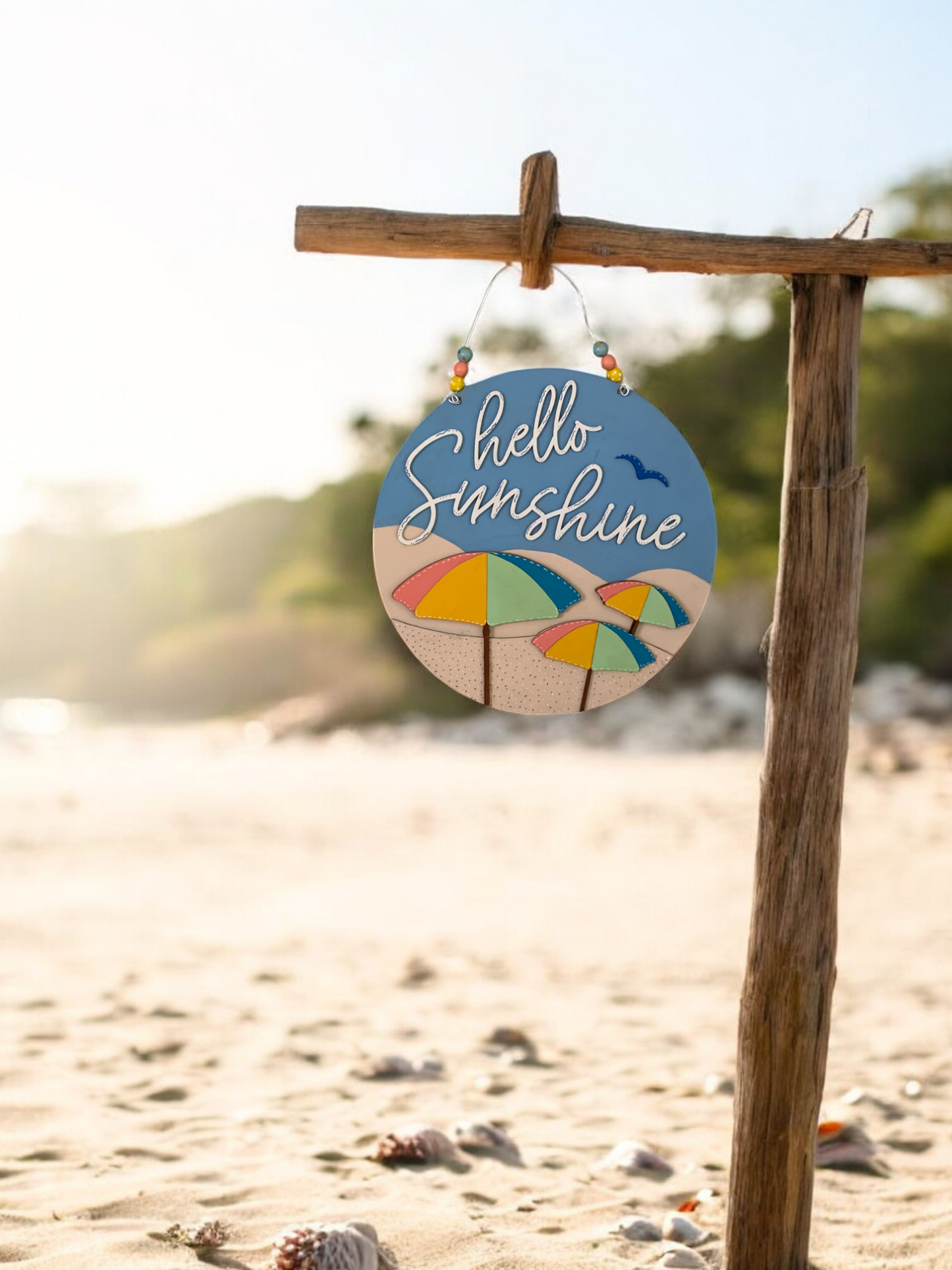 Hello Sunshine Beach Door Hanger β Colorful Umbrella Summer Welcome Sign β Handmade Coastal Decor