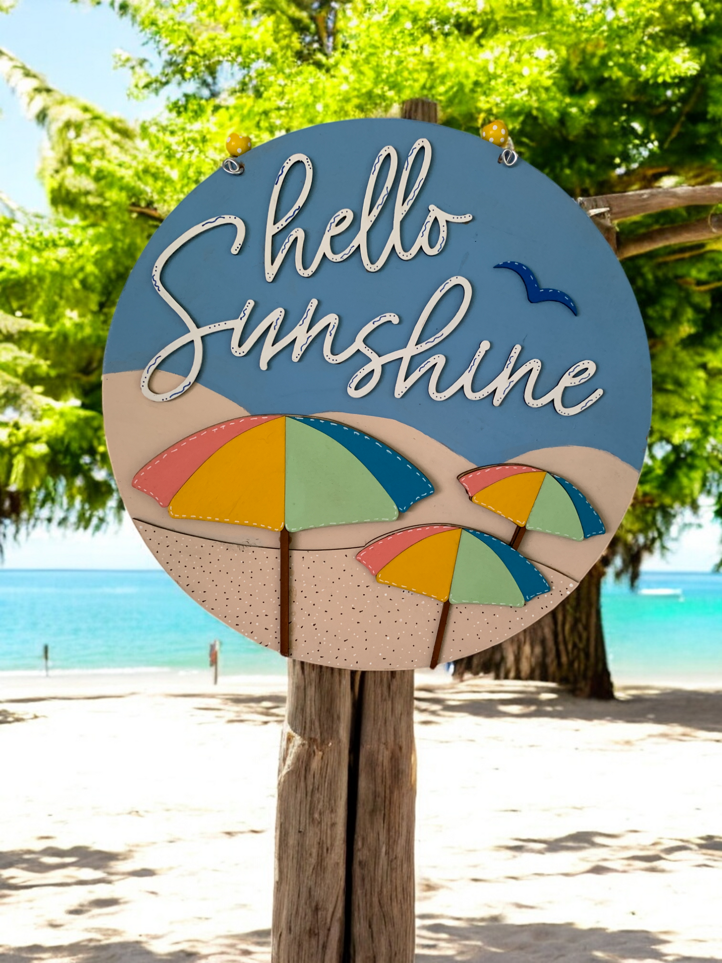 Hello Sunshine Beach Door Hanger β Colorful Umbrella Summer Welcome Sign β Handmade Coastal Decor