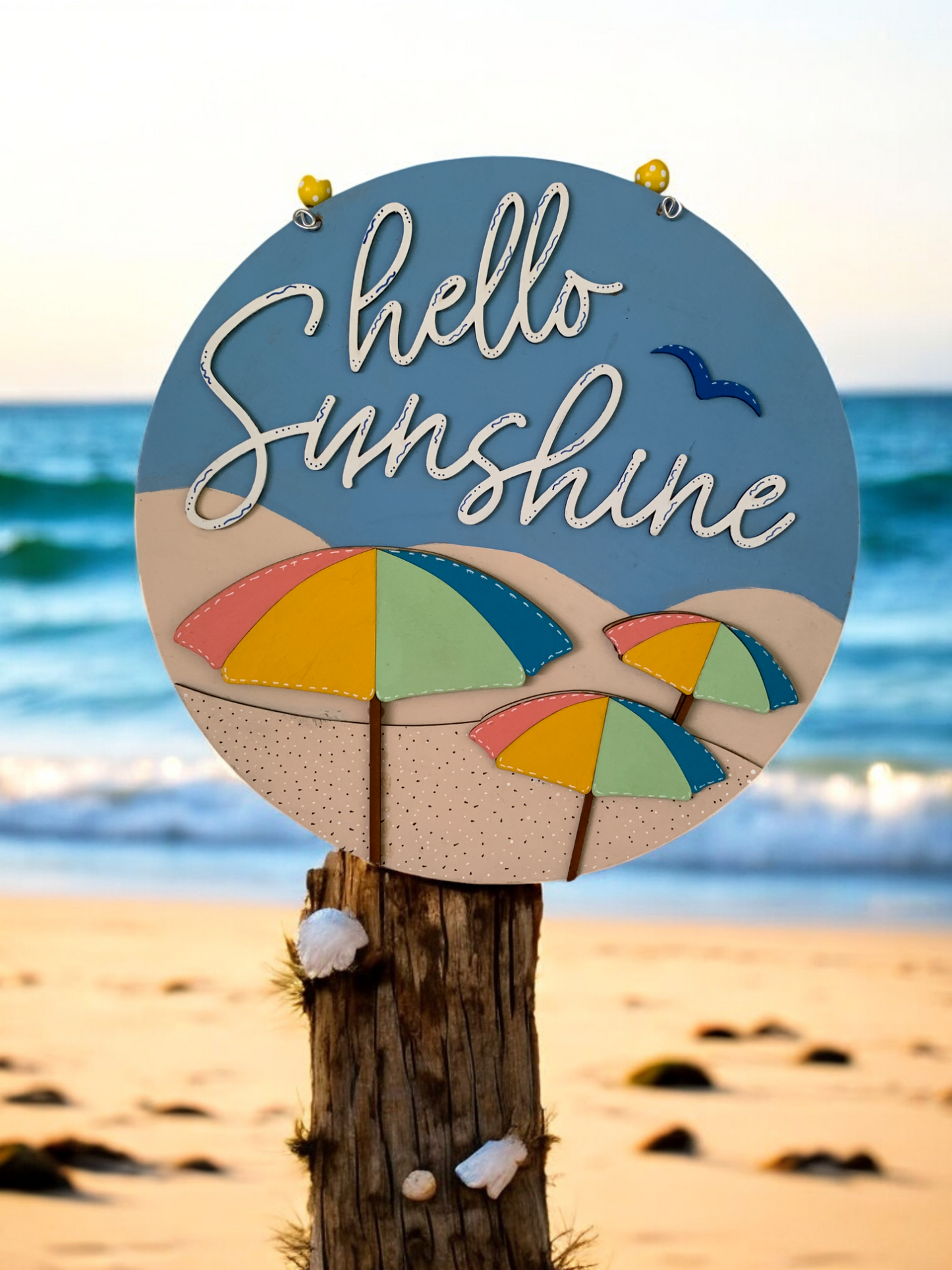 Hello Sunshine Beach Door Hanger β Colorful Umbrella Summer Welcome Sign β Handmade Coastal Decor