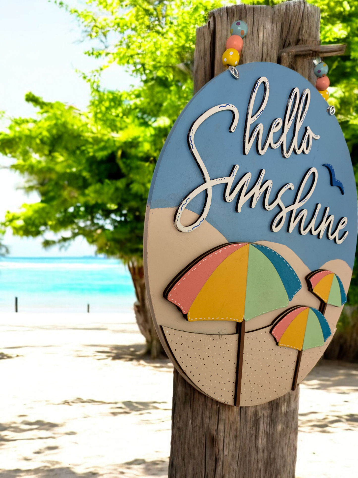 Hello Sunshine Beach Door Hanger β Colorful Umbrella Summer Welcome Sign β Handmade Coastal Decor