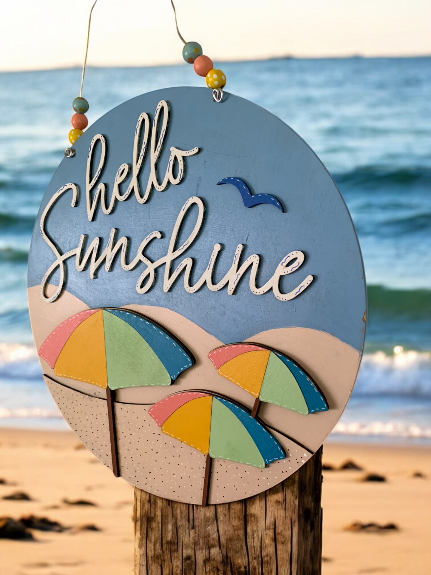 Hello Sunshine Beach Door Hanger β Colorful Umbrella Summer Welcome Sign β Handmade Coastal Decor