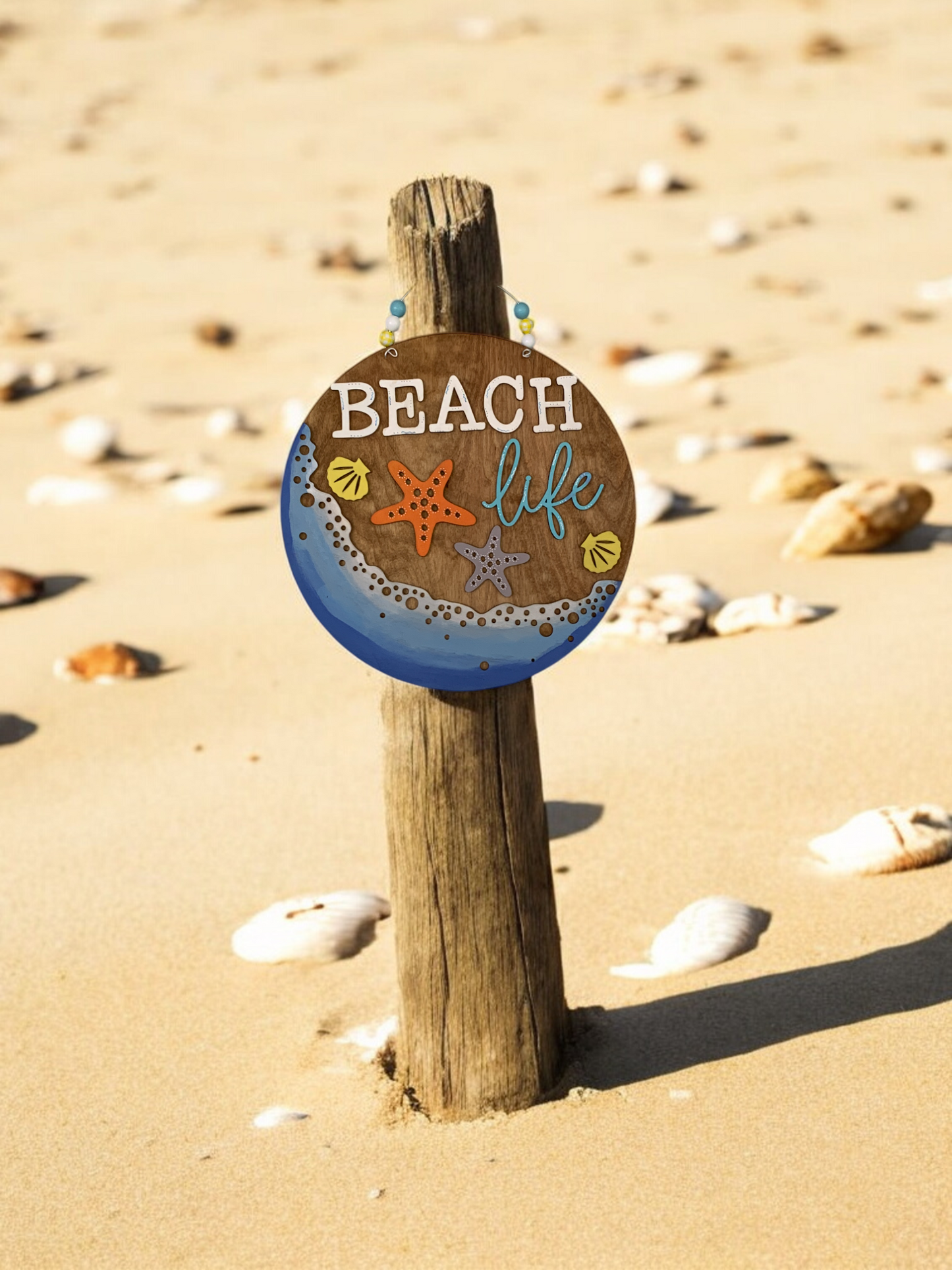 Beach Life Door Hanger β Coastal Summer Welcome Sign with Starfish & Seashells β Handmade Ocean Decor