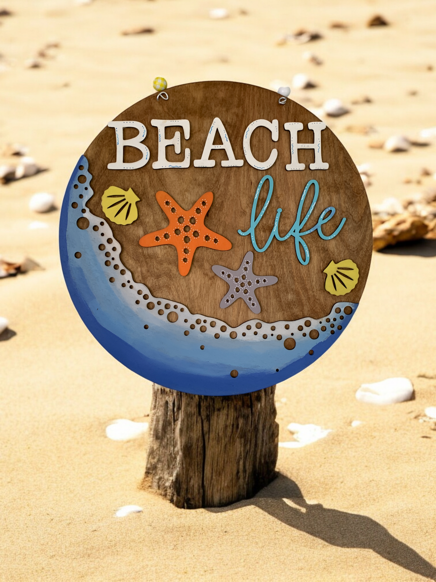 Beach Life Door Hanger β Coastal Summer Welcome Sign with Starfish & Seashells β Handmade Ocean Decor