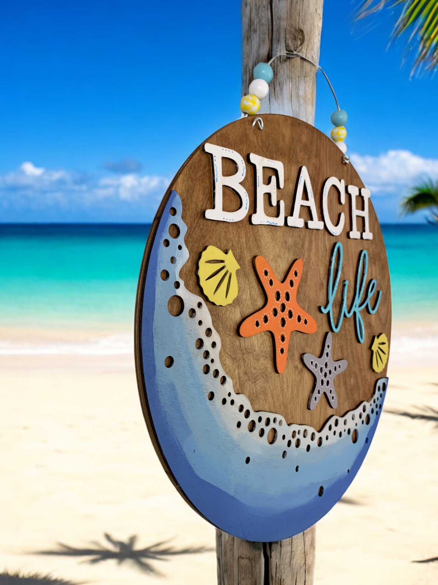 Beach Life Door Hanger β Coastal Summer Welcome Sign with Starfish & Seashells β Handmade Ocean Decor