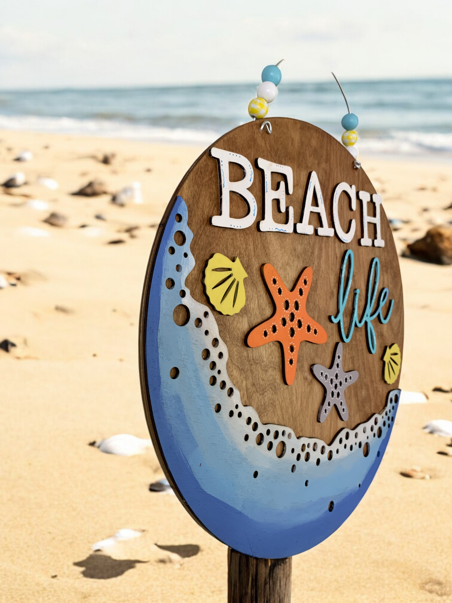 Beach Life Door Hanger β Coastal Summer Welcome Sign with Starfish & Seashells β Handmade Ocean Decor