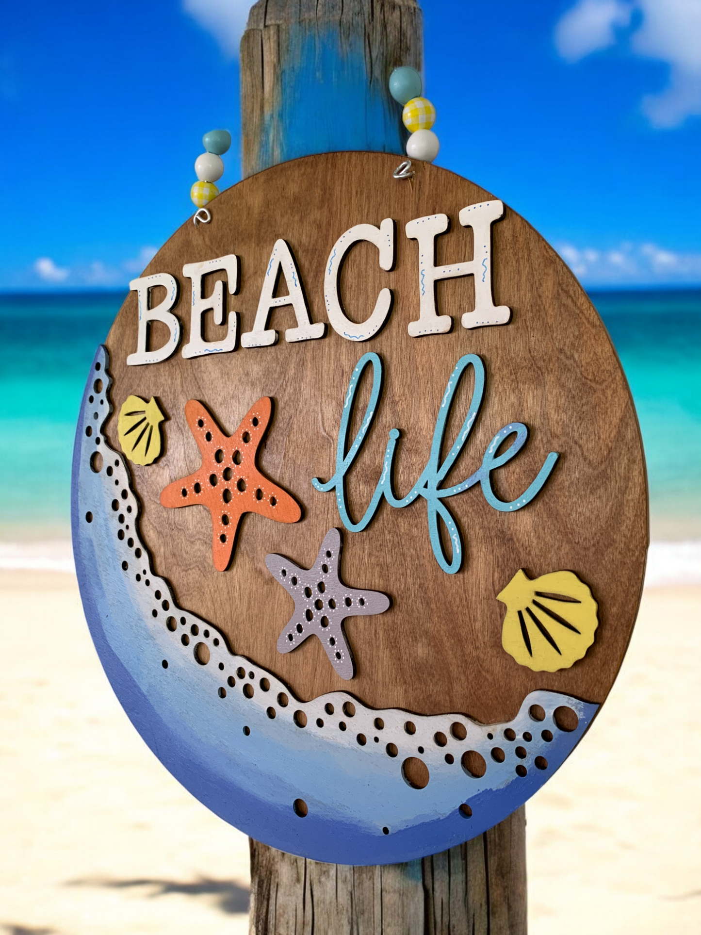 Beach Life Door Hanger β Coastal Summer Welcome Sign with Starfish & Seashells β Handmade Ocean Decor