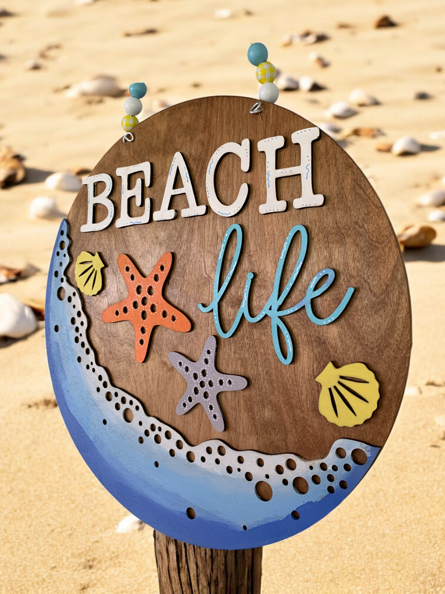 Beach Life Door Hanger β Coastal Summer Welcome Sign with Starfish & Seashells β Handmade Ocean Decor