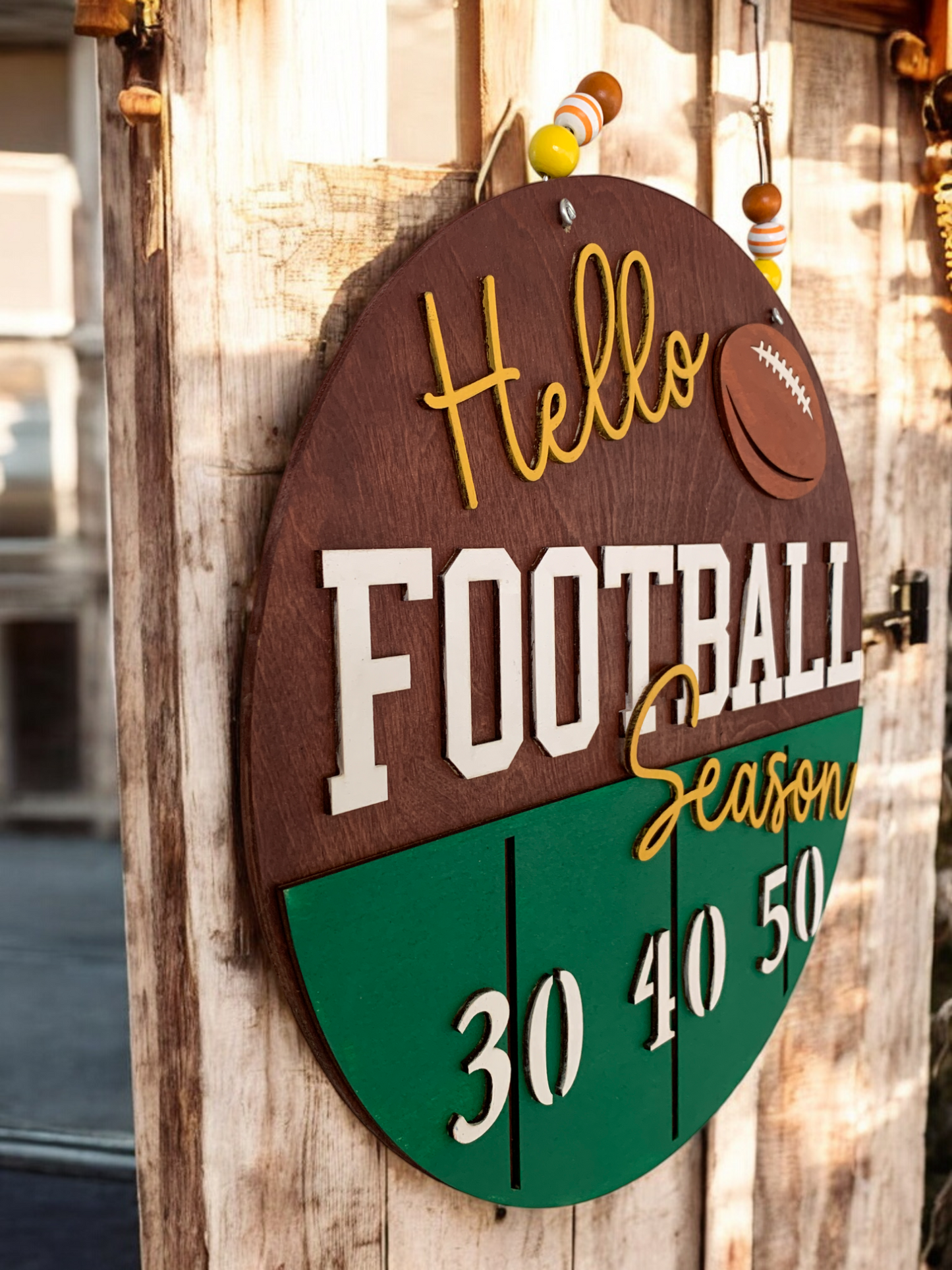 Hello Football Season Wooden Sign – Rustic Game Day Door Hanger – Handmade Sports Porch Decor