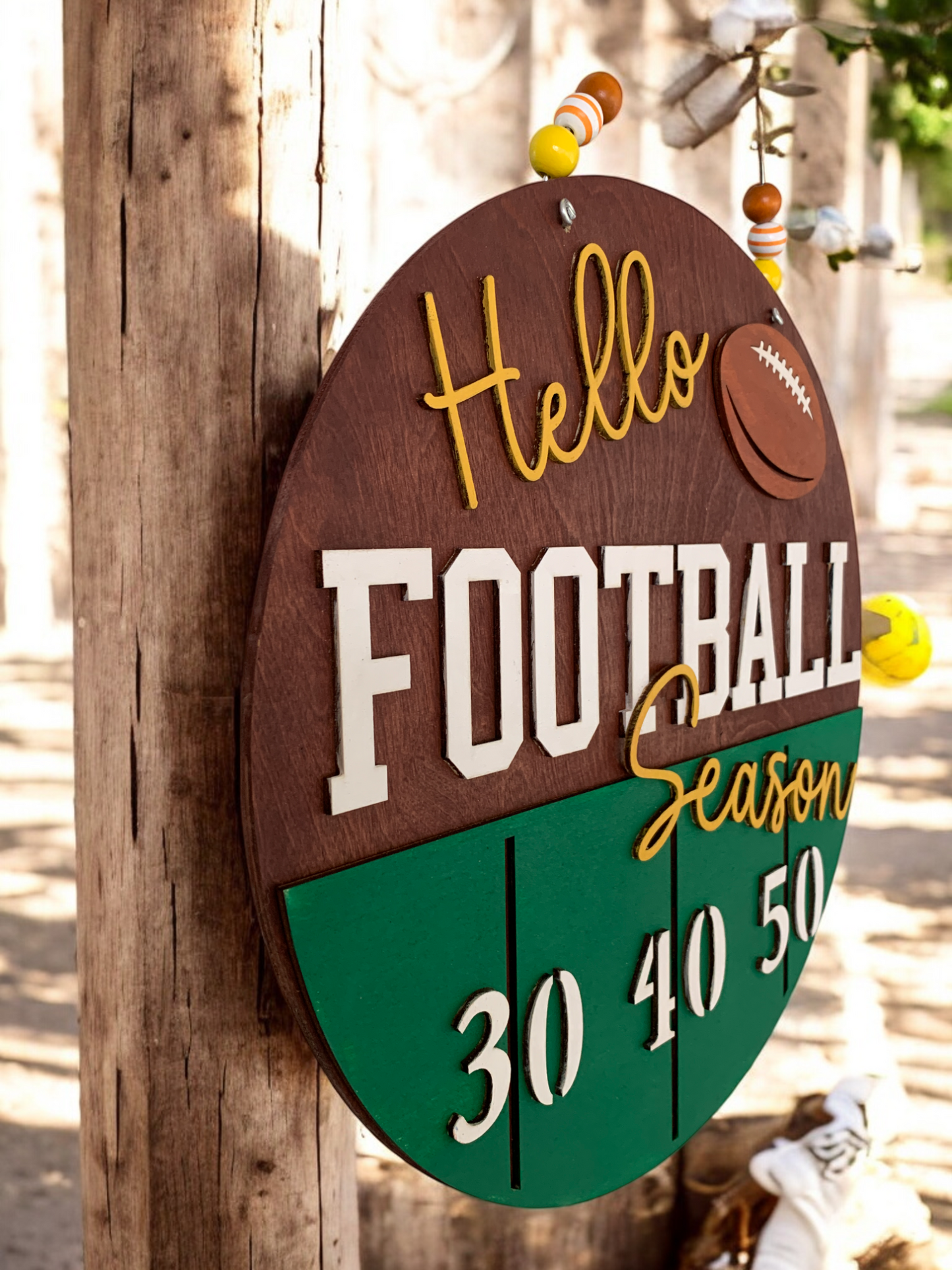 Hello Football Season Wooden Sign – Rustic Game Day Door Hanger – Handmade Sports Porch Decor