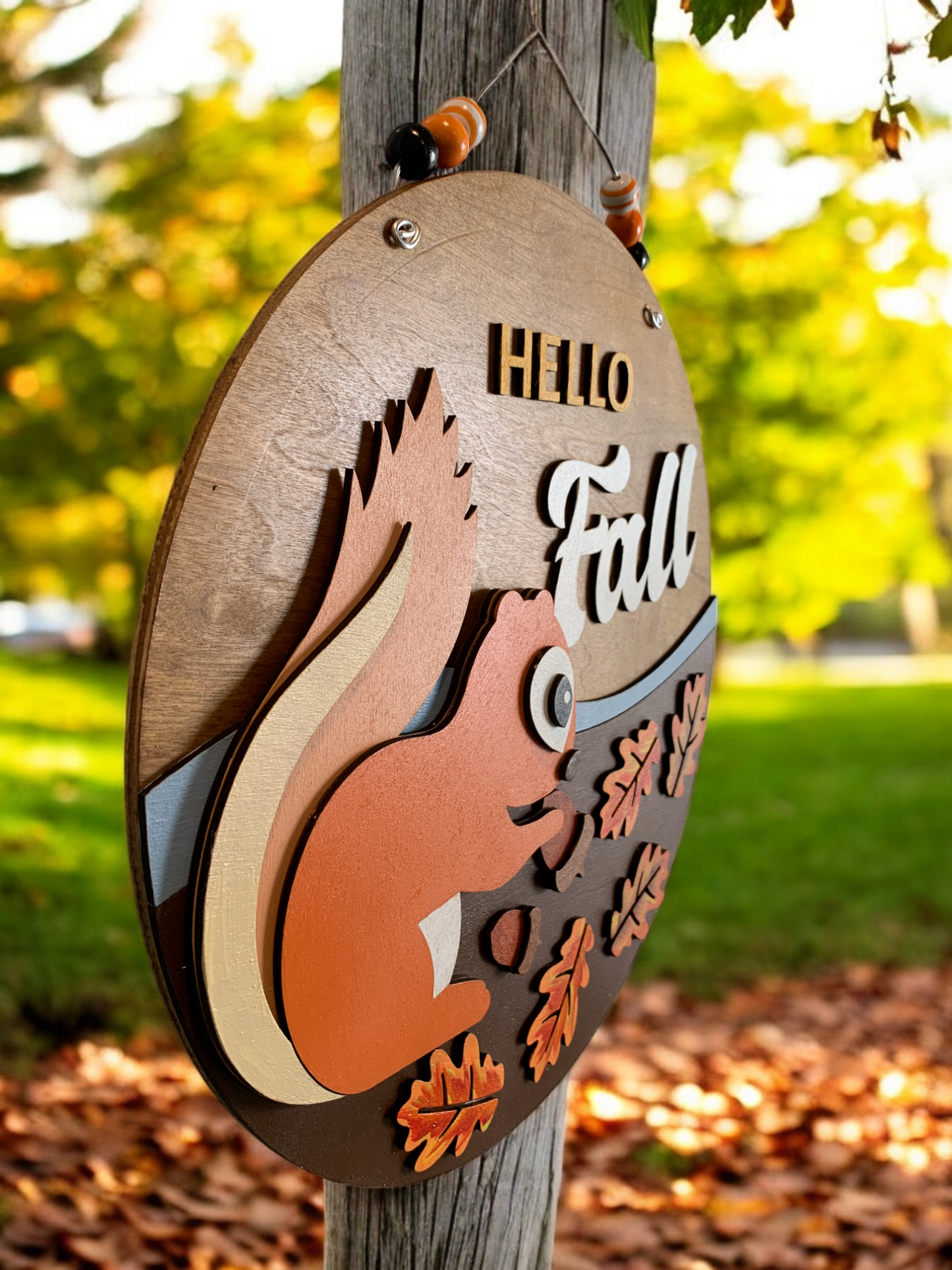 Hello Fall Squirrel Sign – Handmade Autumn Wall Decor – Cute Woodland Fall Door Hanger