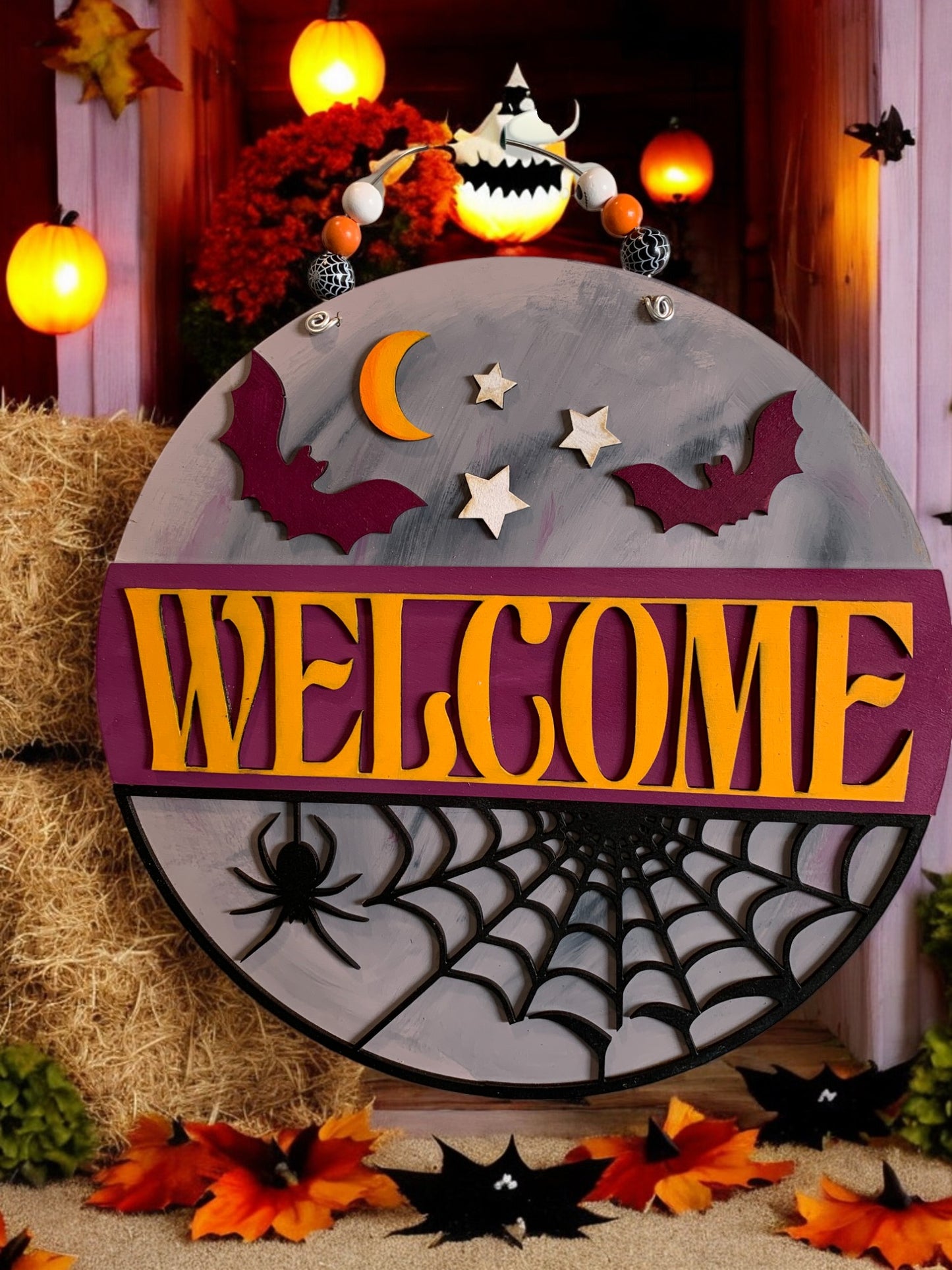 Halloween Welcome Sign – Round Wooden Spider Web and Bat Door Hanger – Spooky Fall Porch Decor