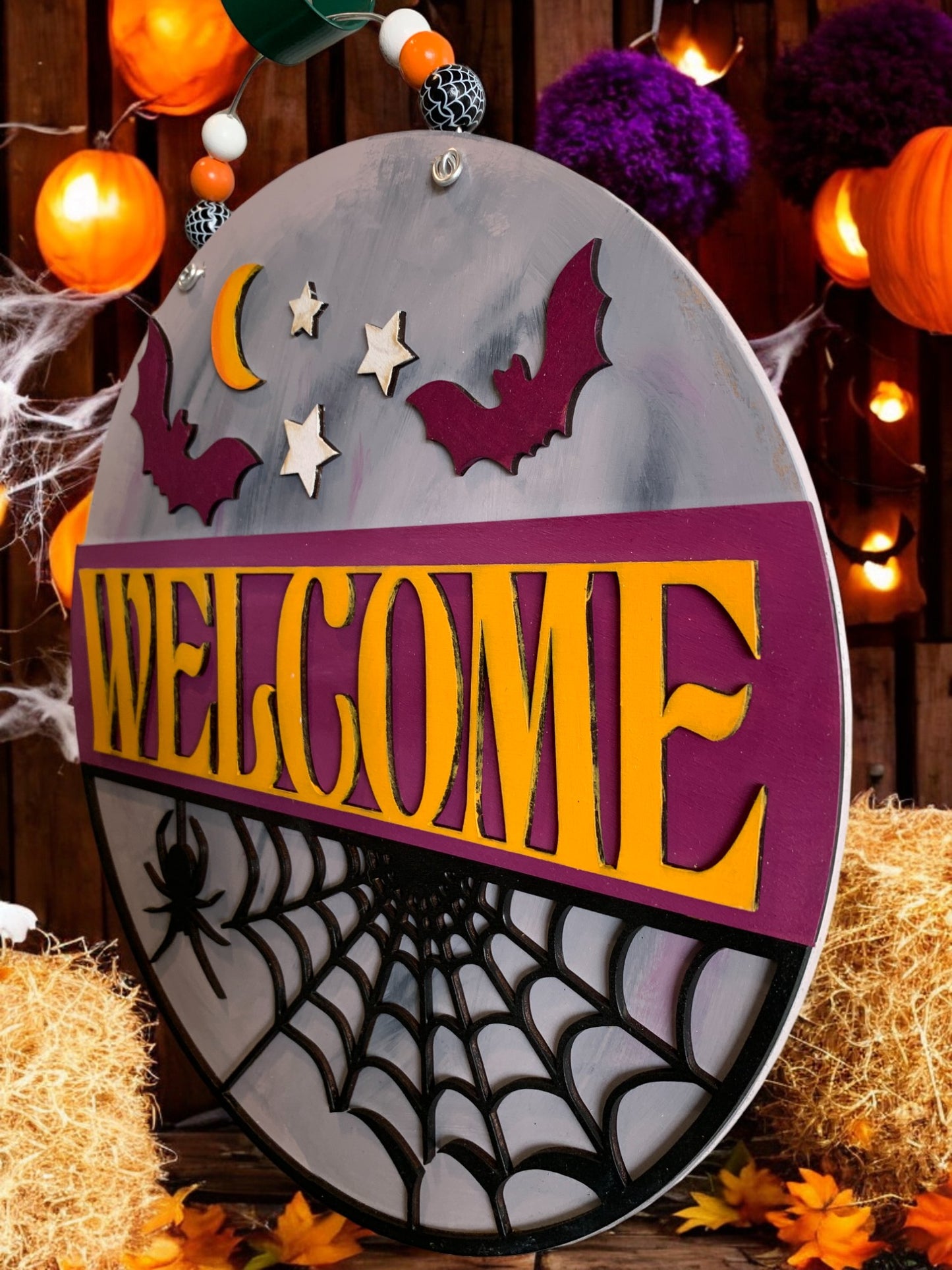 Halloween Welcome Sign – Round Wooden Spider Web and Bat Door Hanger – Spooky Fall Porch Decor