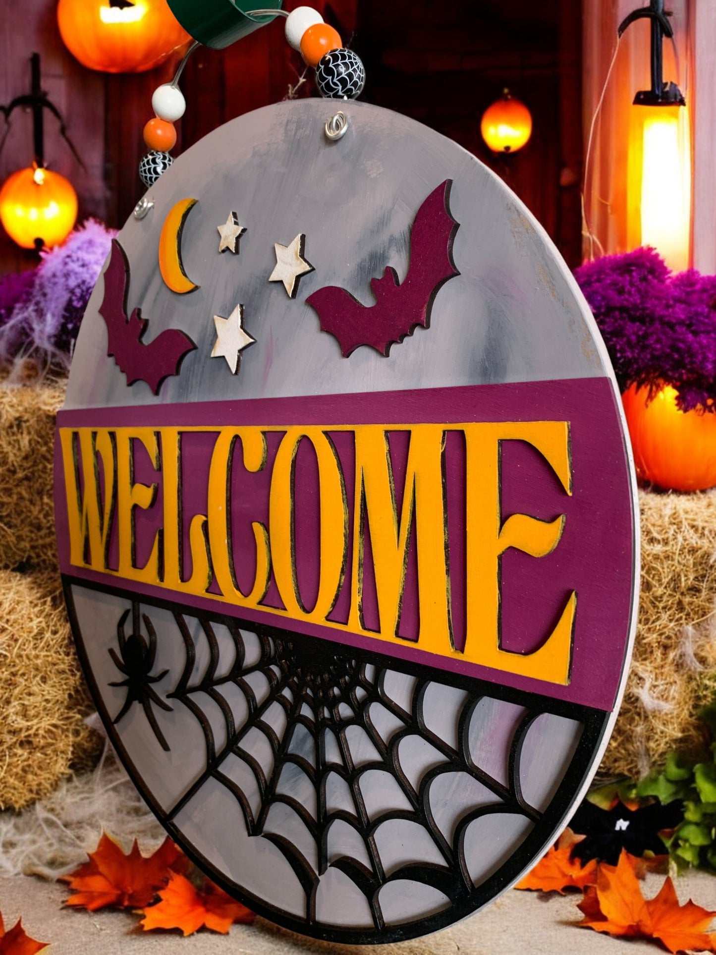 Halloween Welcome Sign – Round Wooden Spider Web and Bat Door Hanger – Spooky Fall Porch Decor