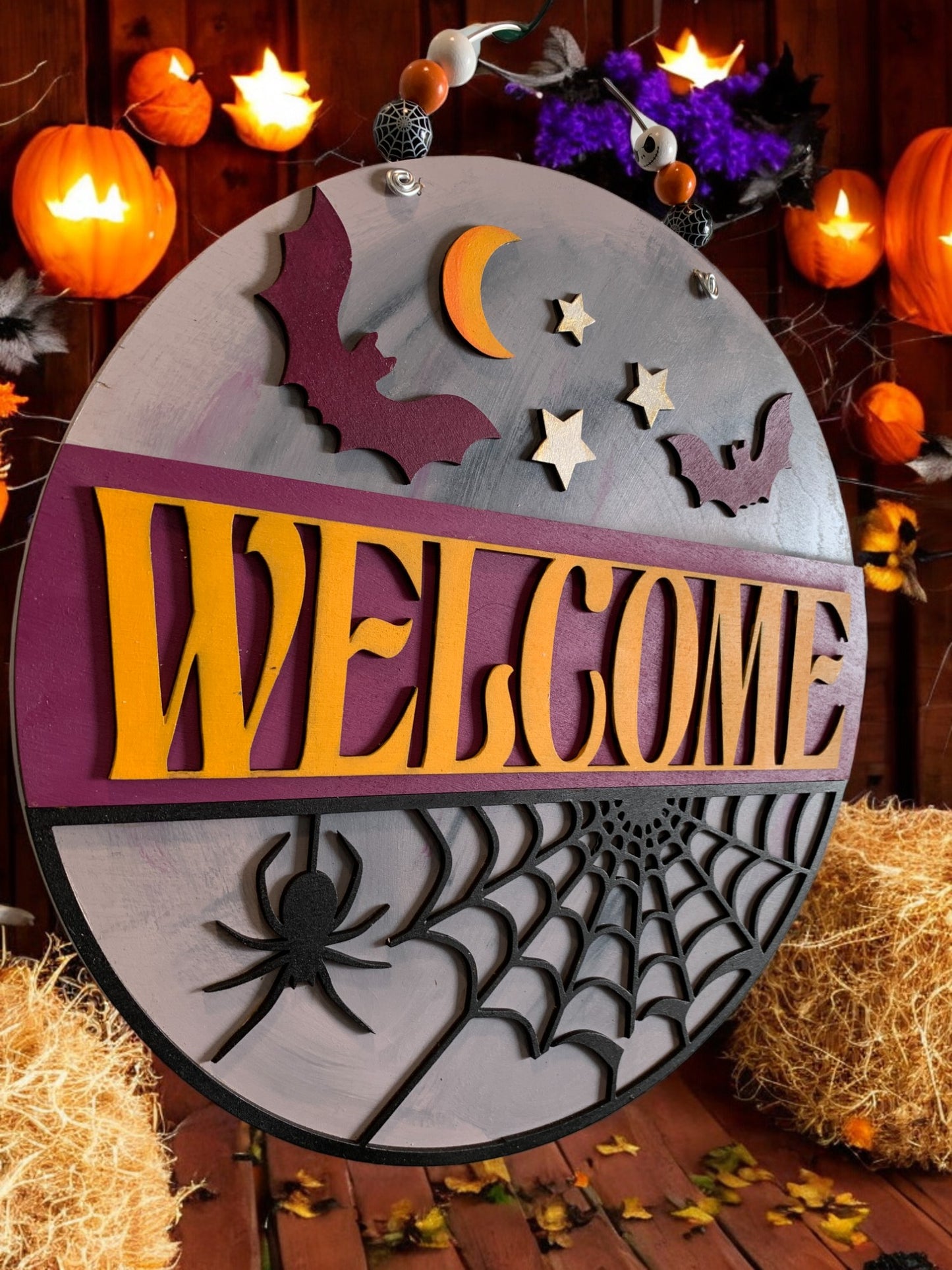 Halloween Welcome Sign – Round Wooden Spider Web and Bat Door Hanger – Spooky Fall Porch Decor