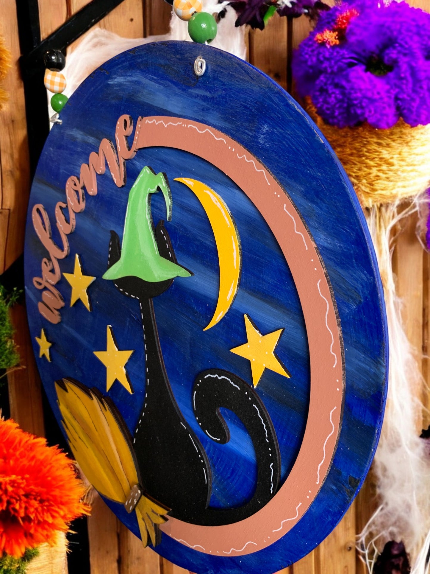 Black Cat Welcome Sign – Witch Hat Halloween Wooden Door Hanger