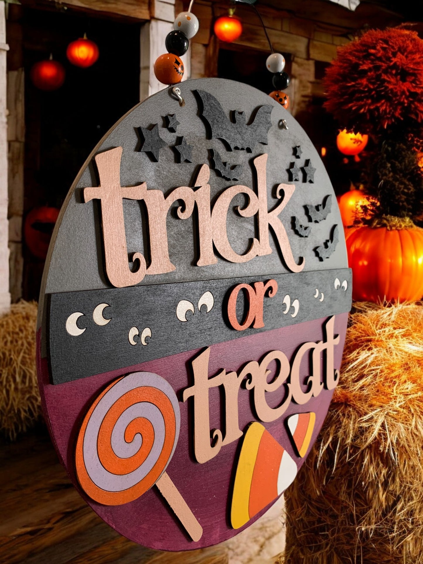 Trick or Treat Halloween Door Sign – Candy & Bat Wooden Round – Hand Painted Porch Décor