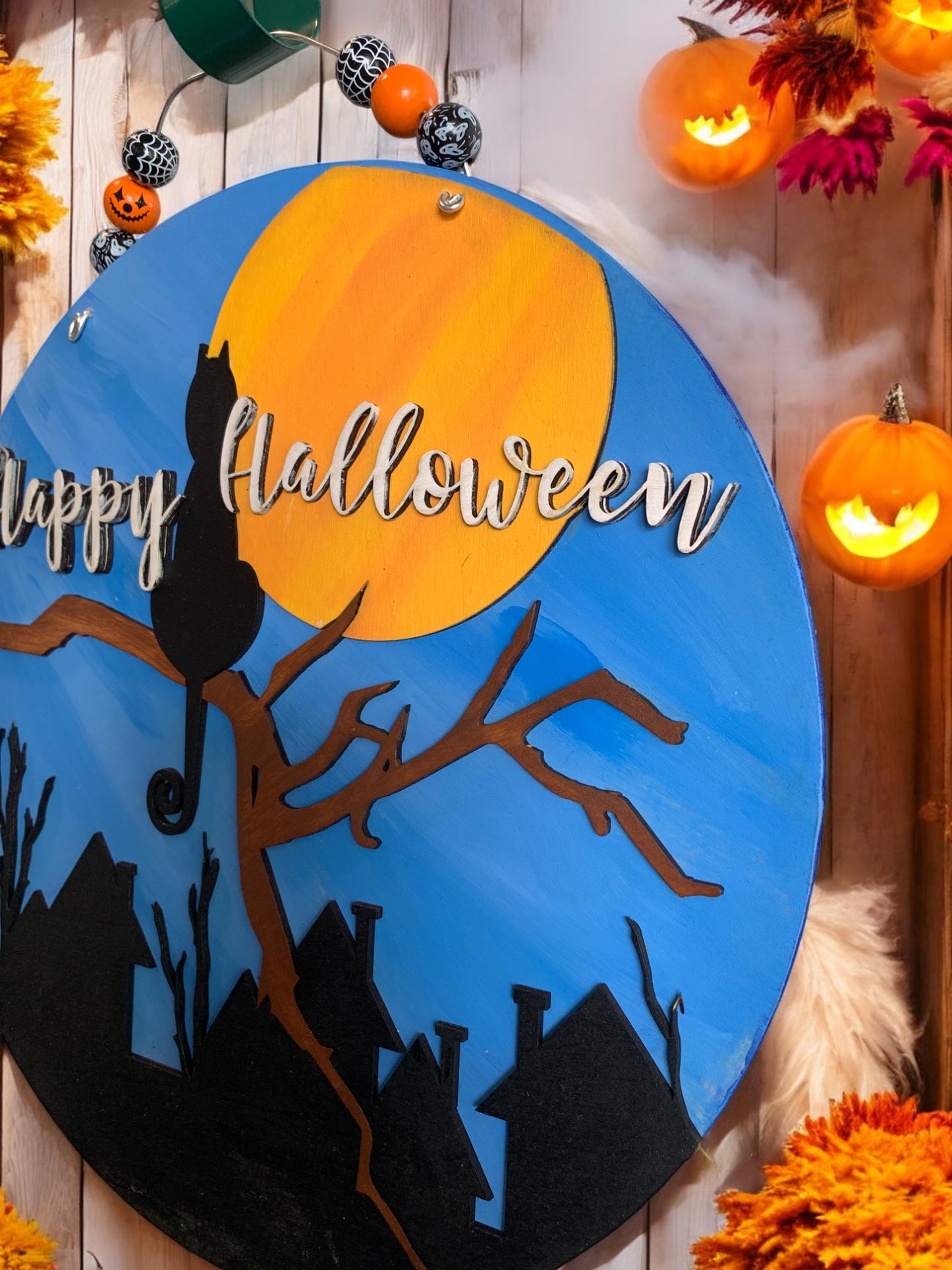 Black Cat Halloween Round Door Sign – Happy Halloween Wooden Porch Décor