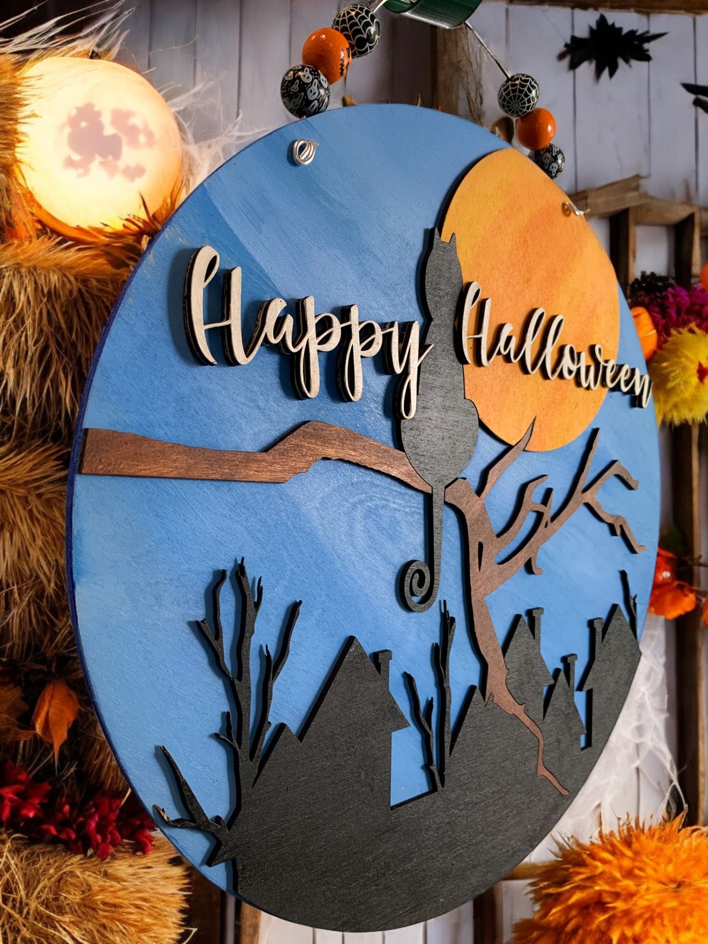 Black Cat Halloween Round Door Sign – Happy Halloween Wooden Porch Décor