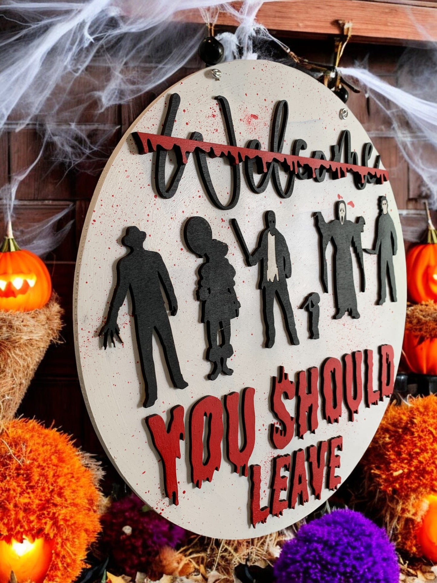 You Should Leave Halloween Sign – Horror Movie Wooden Door Hanger