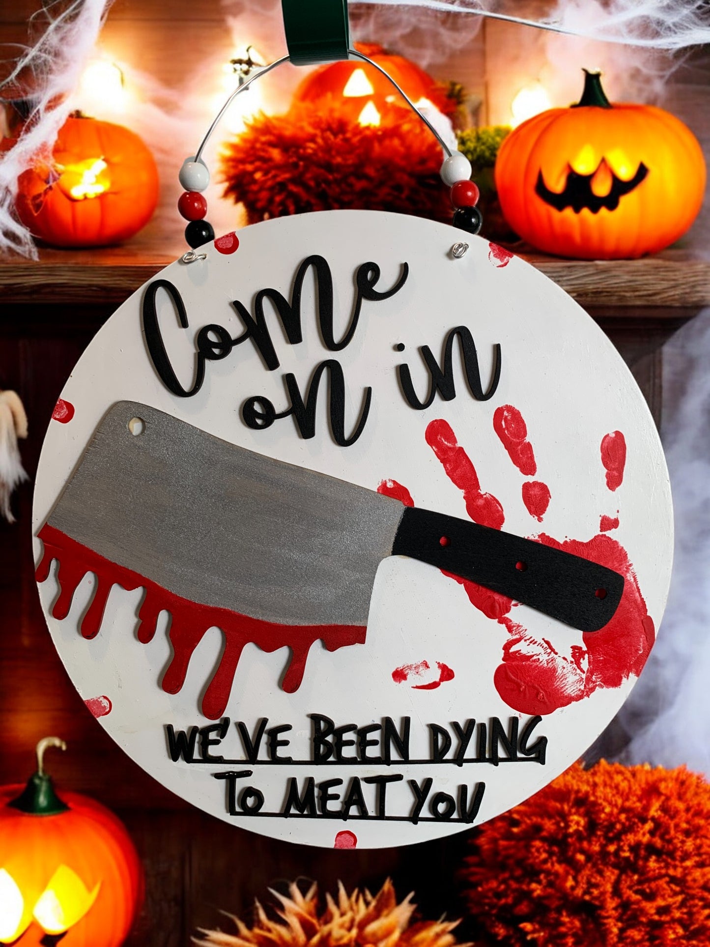 Halloween Butcher Welcome Sign – Bloody Meat Cleaver Door Hanger – Creepy Haunted House Decor