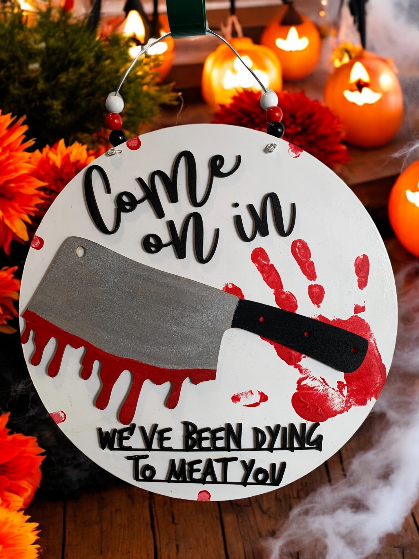 Halloween Butcher Welcome Sign – Bloody Meat Cleaver Door Hanger – Creepy Haunted House Decor