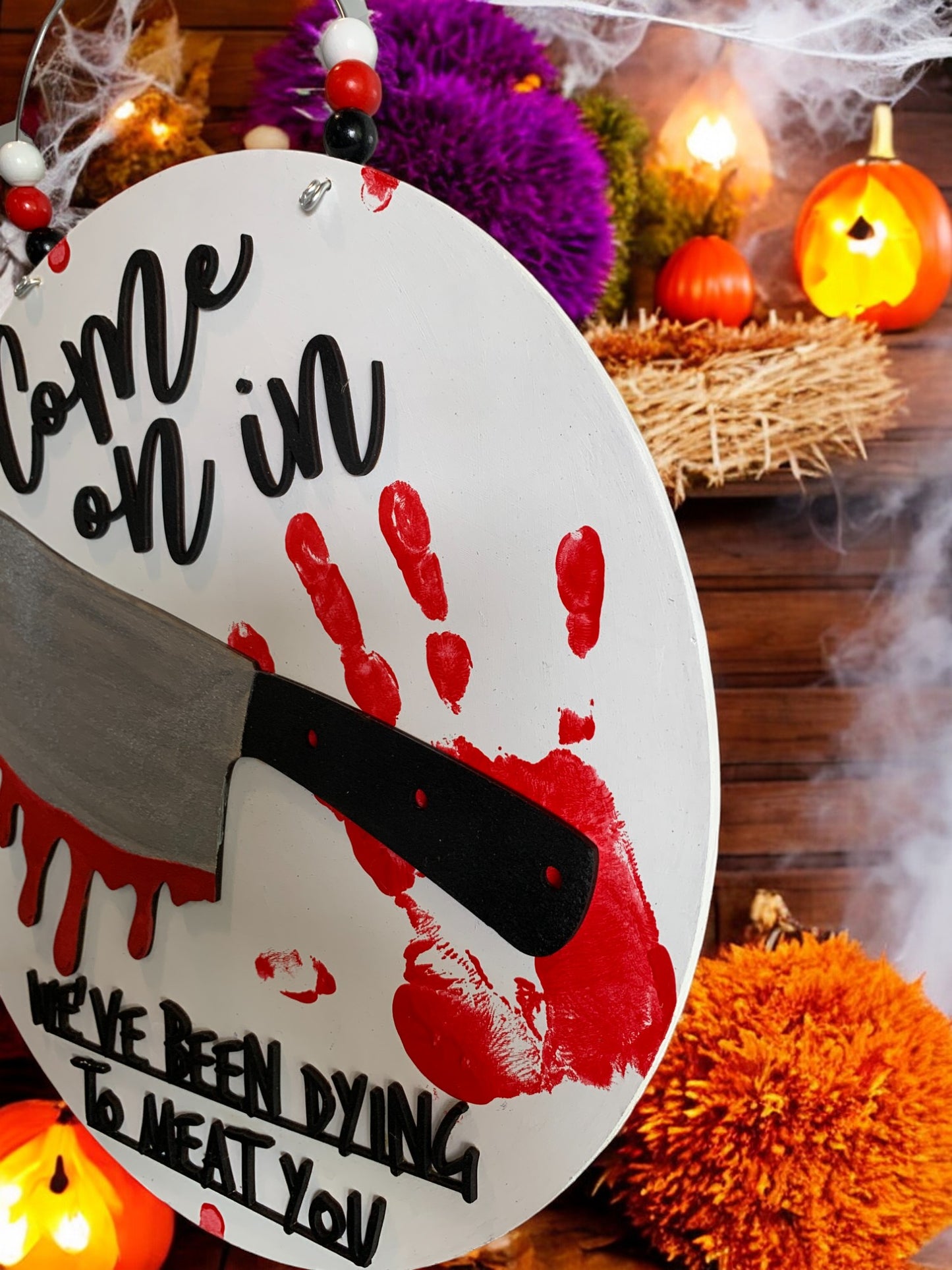 Halloween Butcher Welcome Sign – Bloody Meat Cleaver Door Hanger – Creepy Haunted House Decor