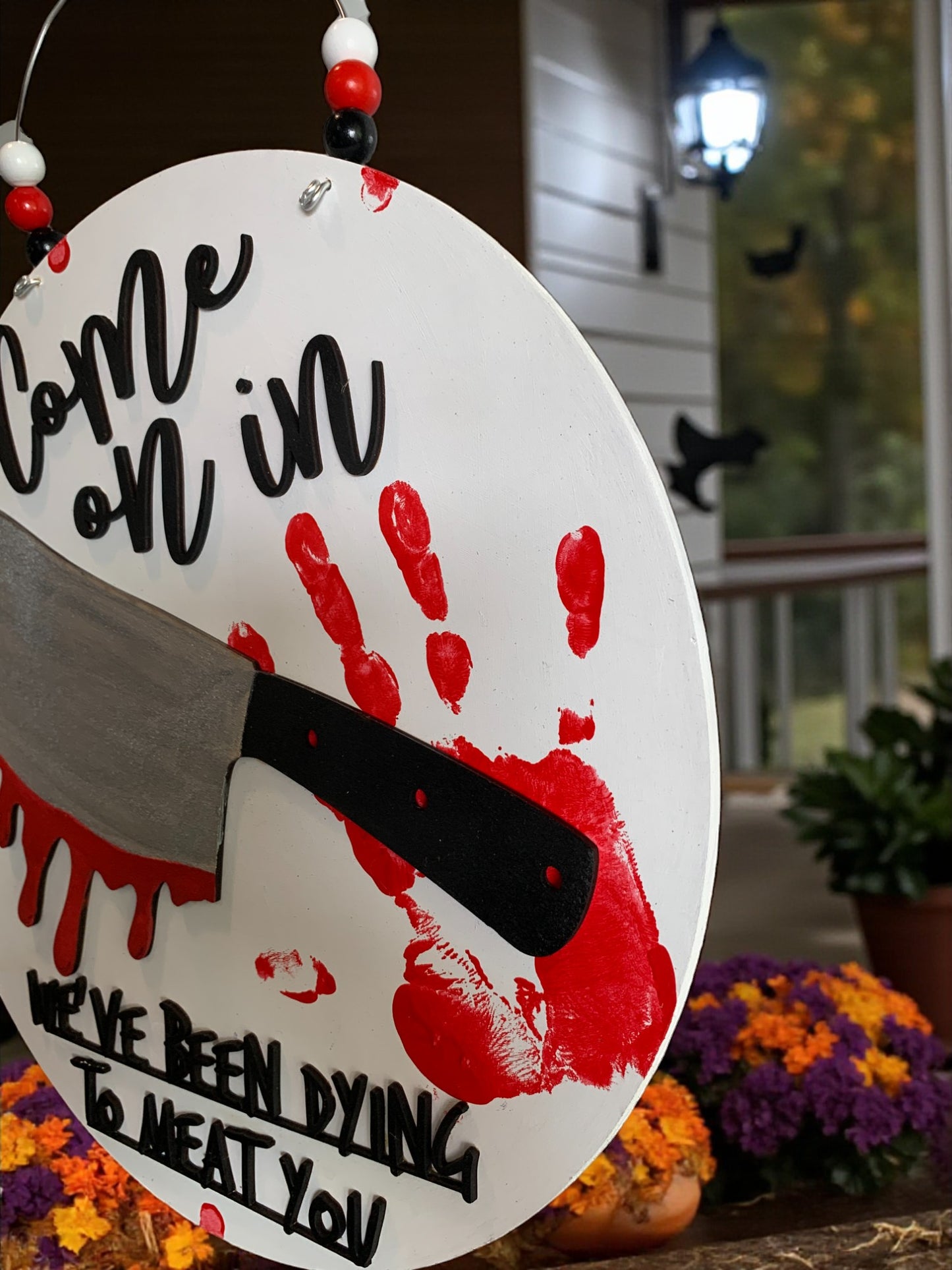 Halloween Butcher Welcome Sign – Bloody Meat Cleaver Door Hanger – Creepy Haunted House Decor