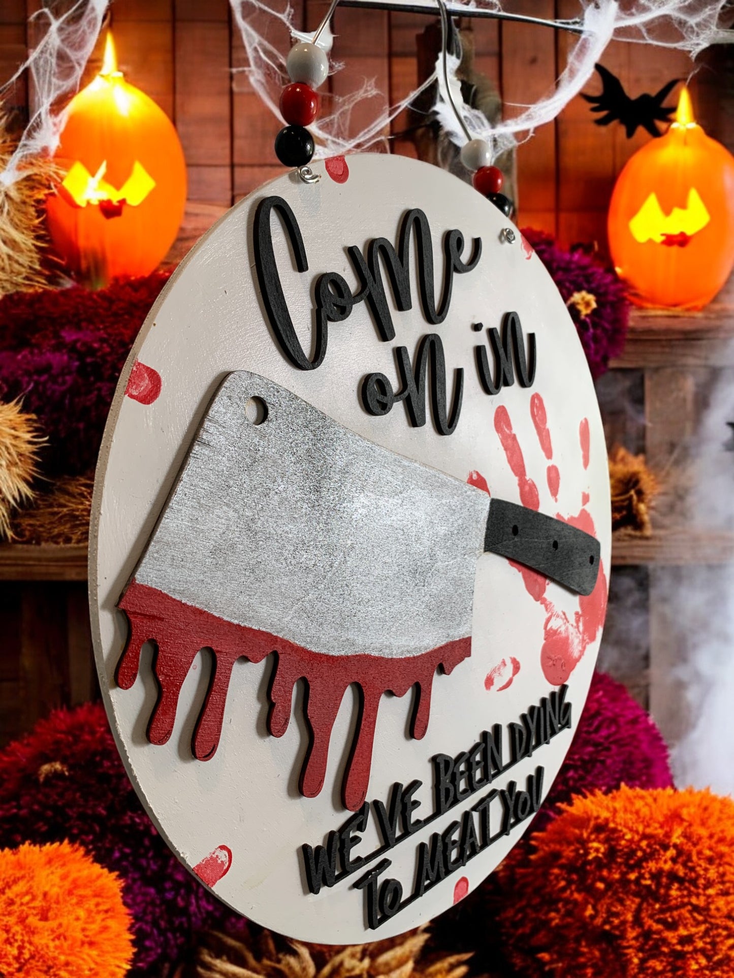 Halloween Butcher Welcome Sign – Bloody Meat Cleaver Door Hanger – Creepy Haunted House Decor