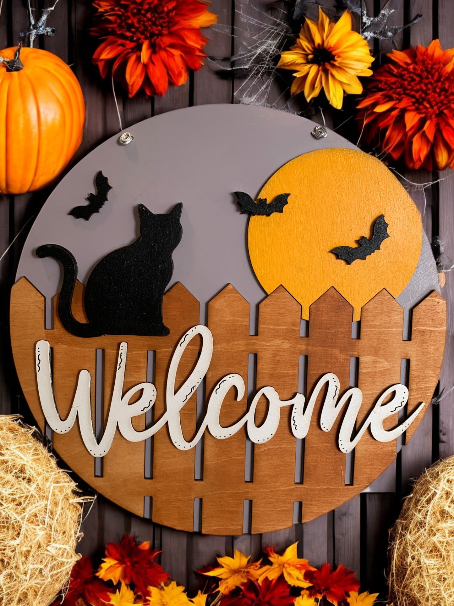 Black Cat & Moon Welcome Halloween Door Sign – Wooden Round Porch Décor